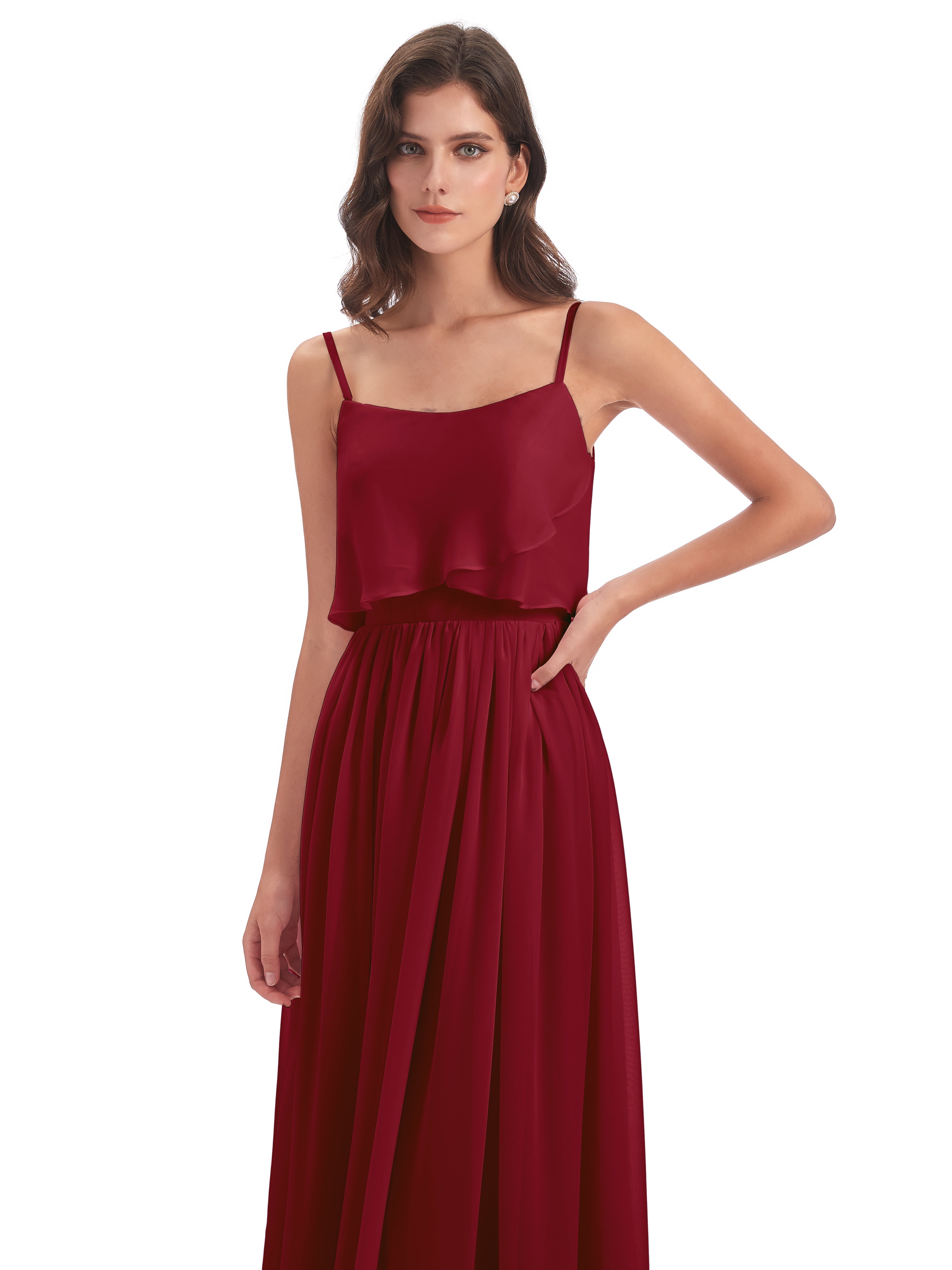 Demoiselle D Honneur Bordeaux Bretelles Spaghetti Mousseline Longue Robes Demoiselle D'Honneur