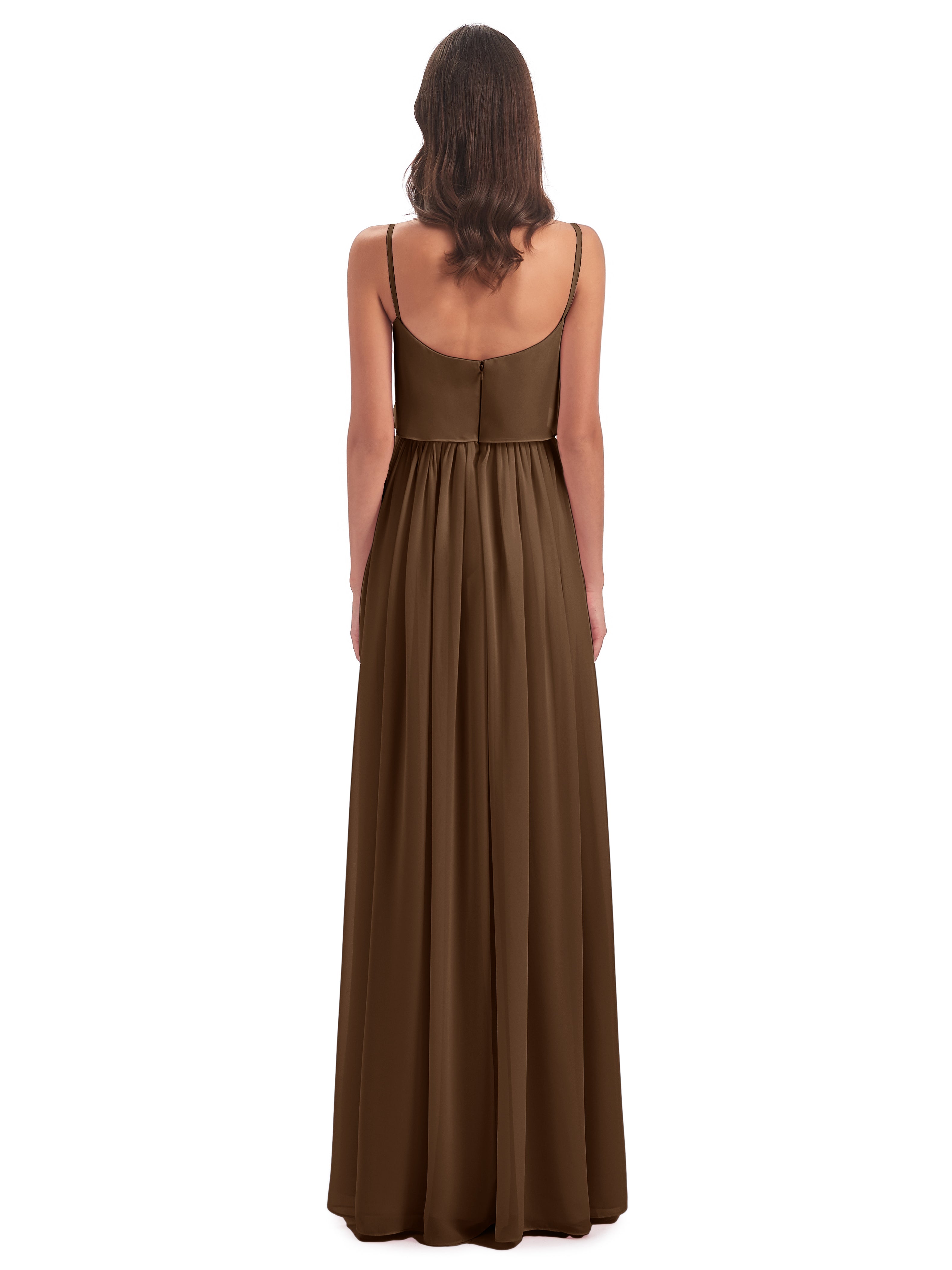 Robe Demoiselle D Honneur Brun Bretelles Spaghetti Mousseline Longue Robes Demoiselle D'Honneur