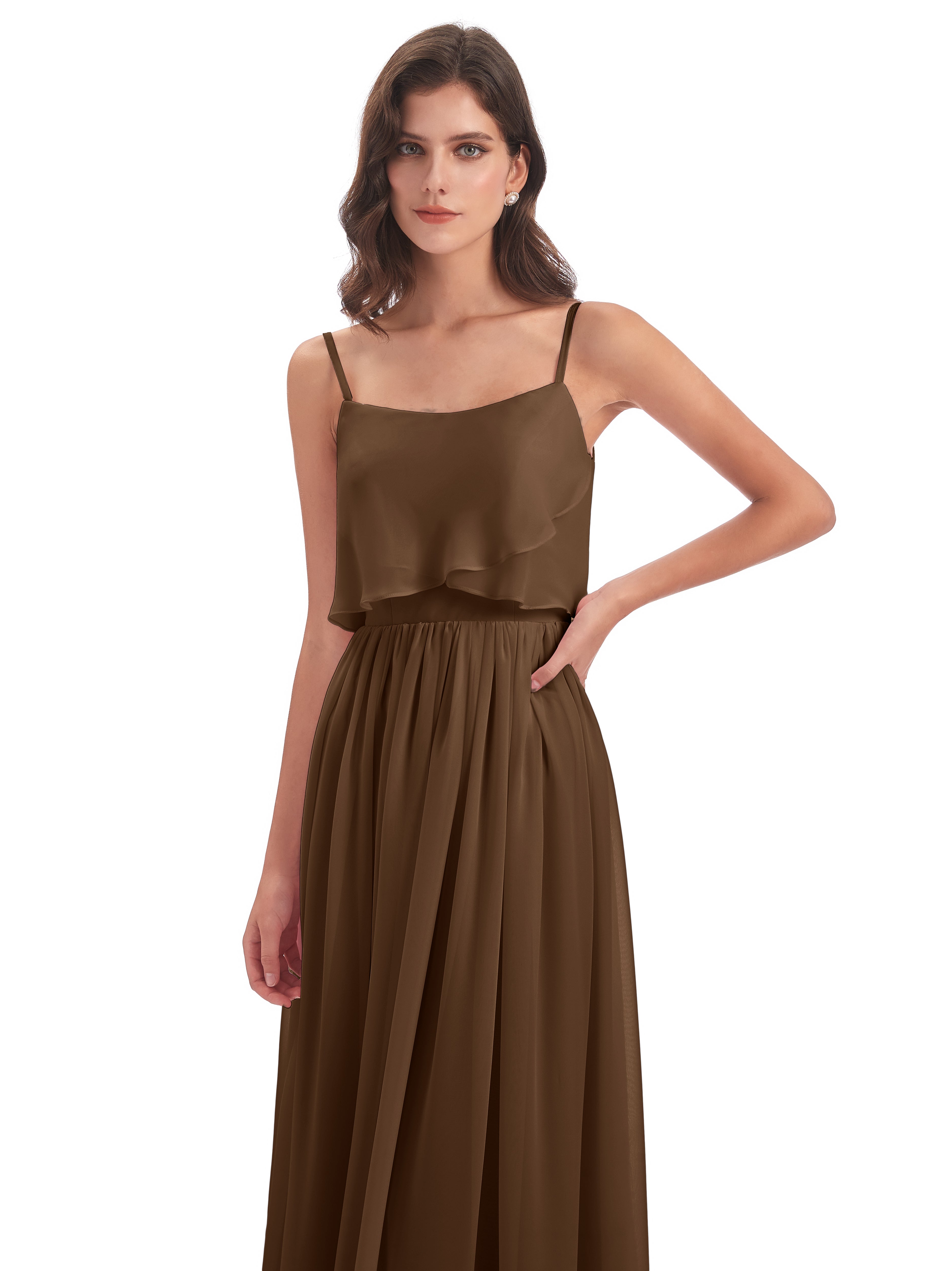 Robe Demoiselle D Honneur Brun Bretelles Spaghetti Mousseline Longue Robes Demoiselle D'Honneur