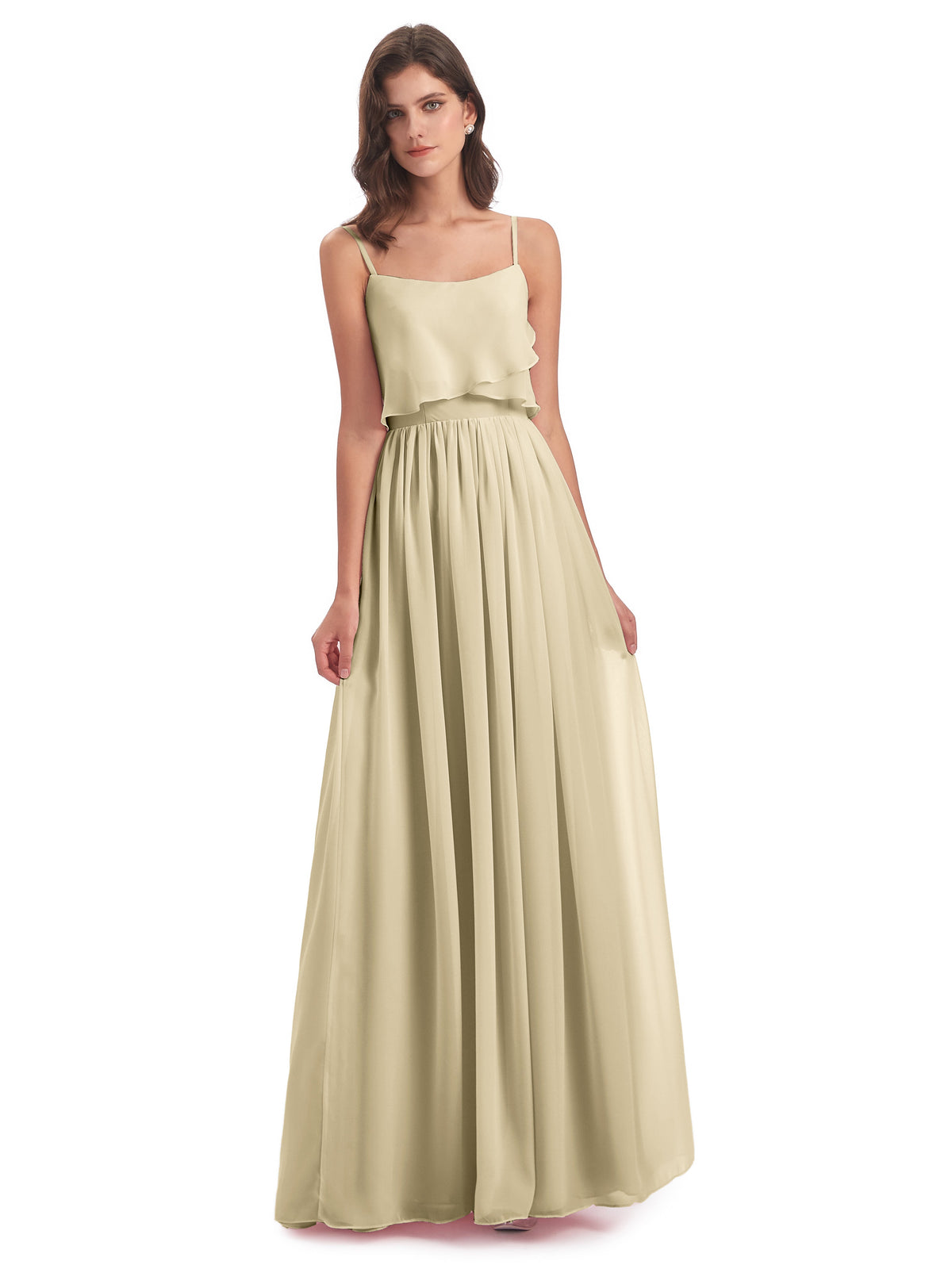 Robe Champagne Demoiselle D Honneur Bretelles Spaghetti Mousseline Longue Robes Demoiselle D'Honneur