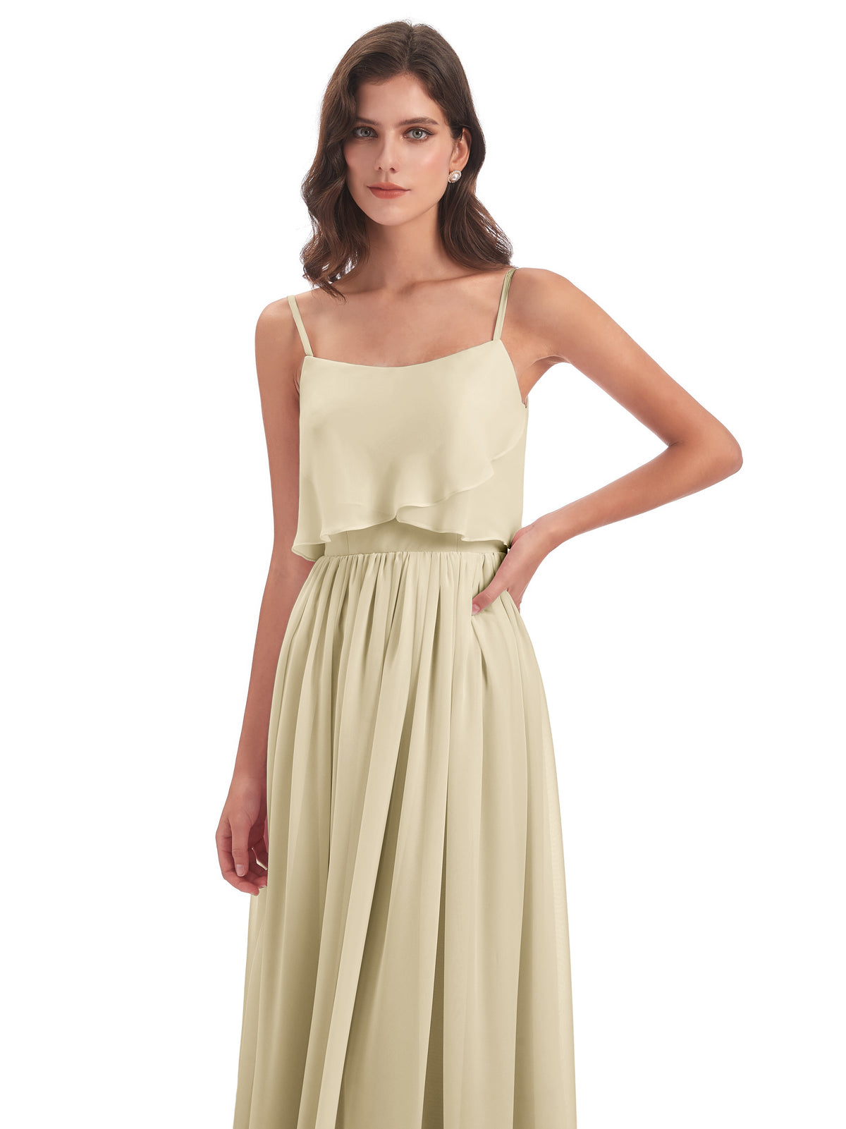 Robe Champagne Demoiselle D Honneur Bretelles Spaghetti Mousseline Longue Robes Demoiselle D'Honneur