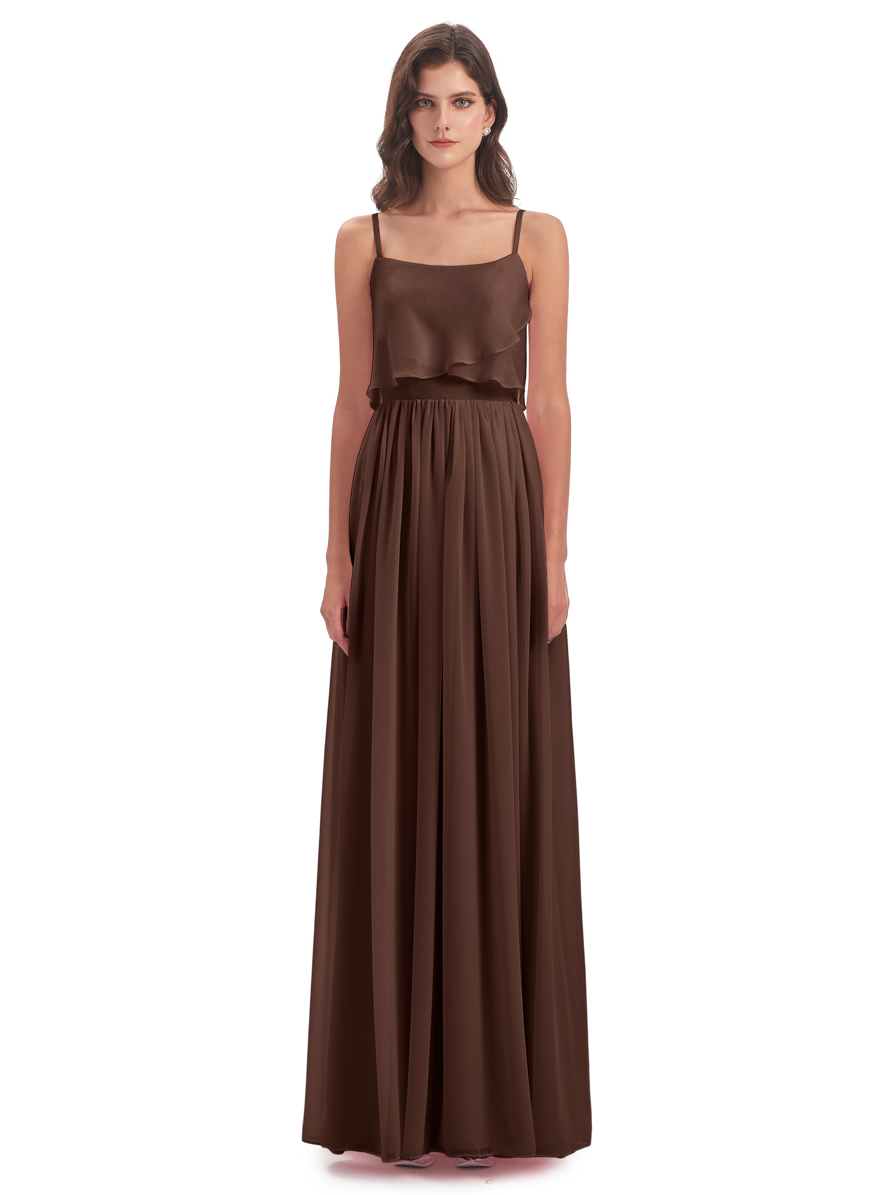 Robe Demoiselle D Honneur Chocolat Bretelles Spaghetti Mousseline Longue Robes Demoiselle D'Honneur