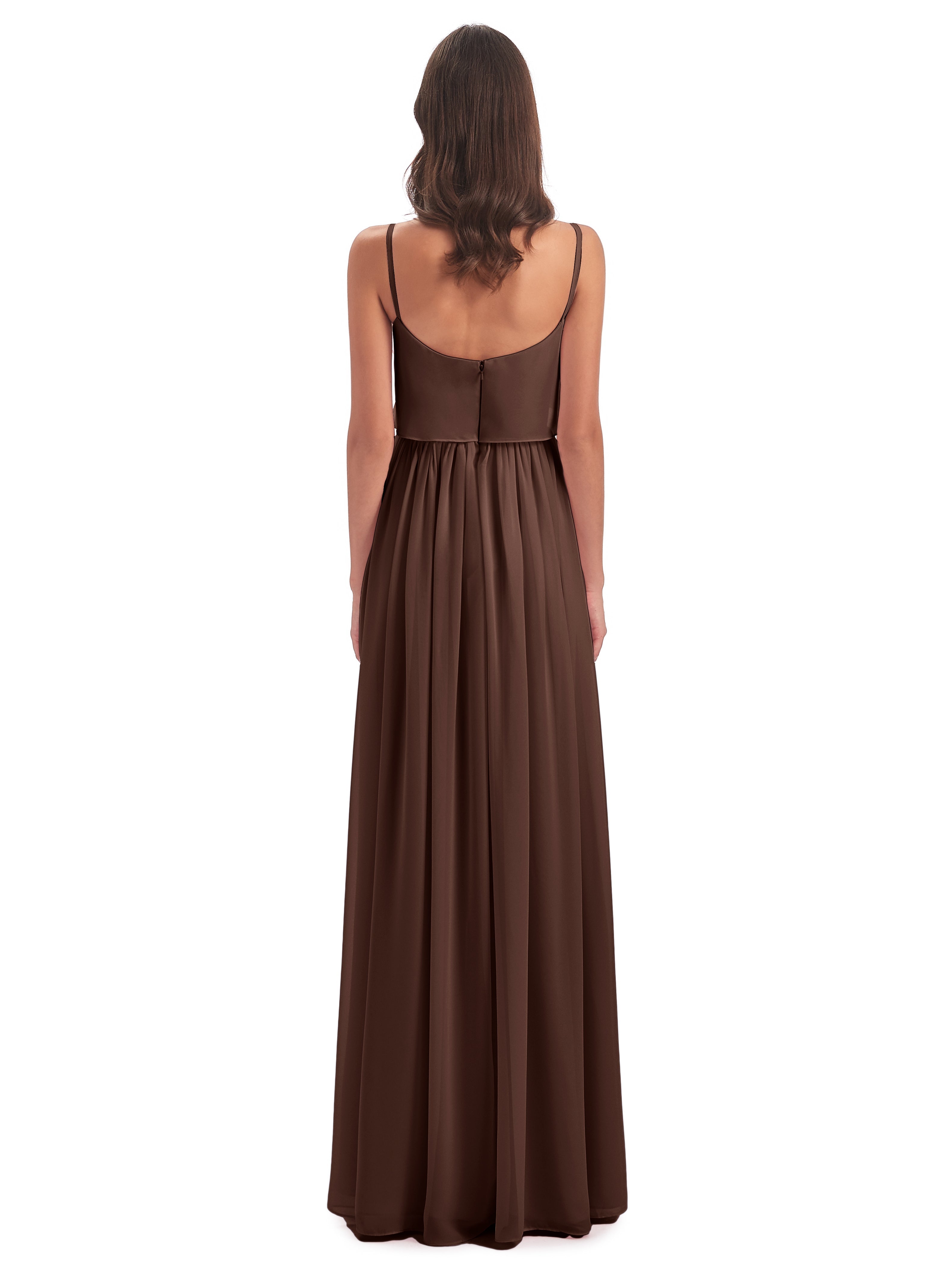 Robe Demoiselle D Honneur Chocolat Bretelles Spaghetti Mousseline Longue Robes Demoiselle D'Honneur