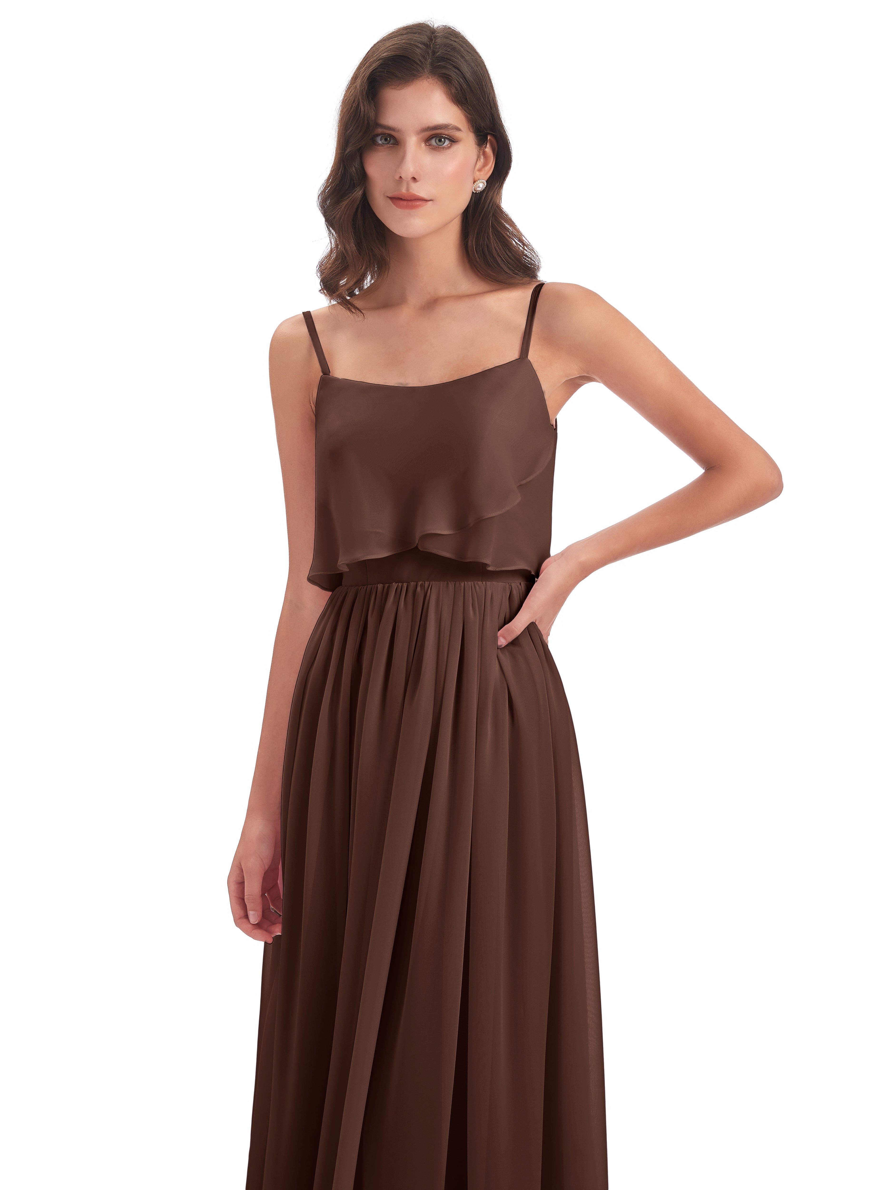 Robe Demoiselle D Honneur Chocolat Bretelles Spaghetti Mousseline Longue Robes Demoiselle D'Honneur