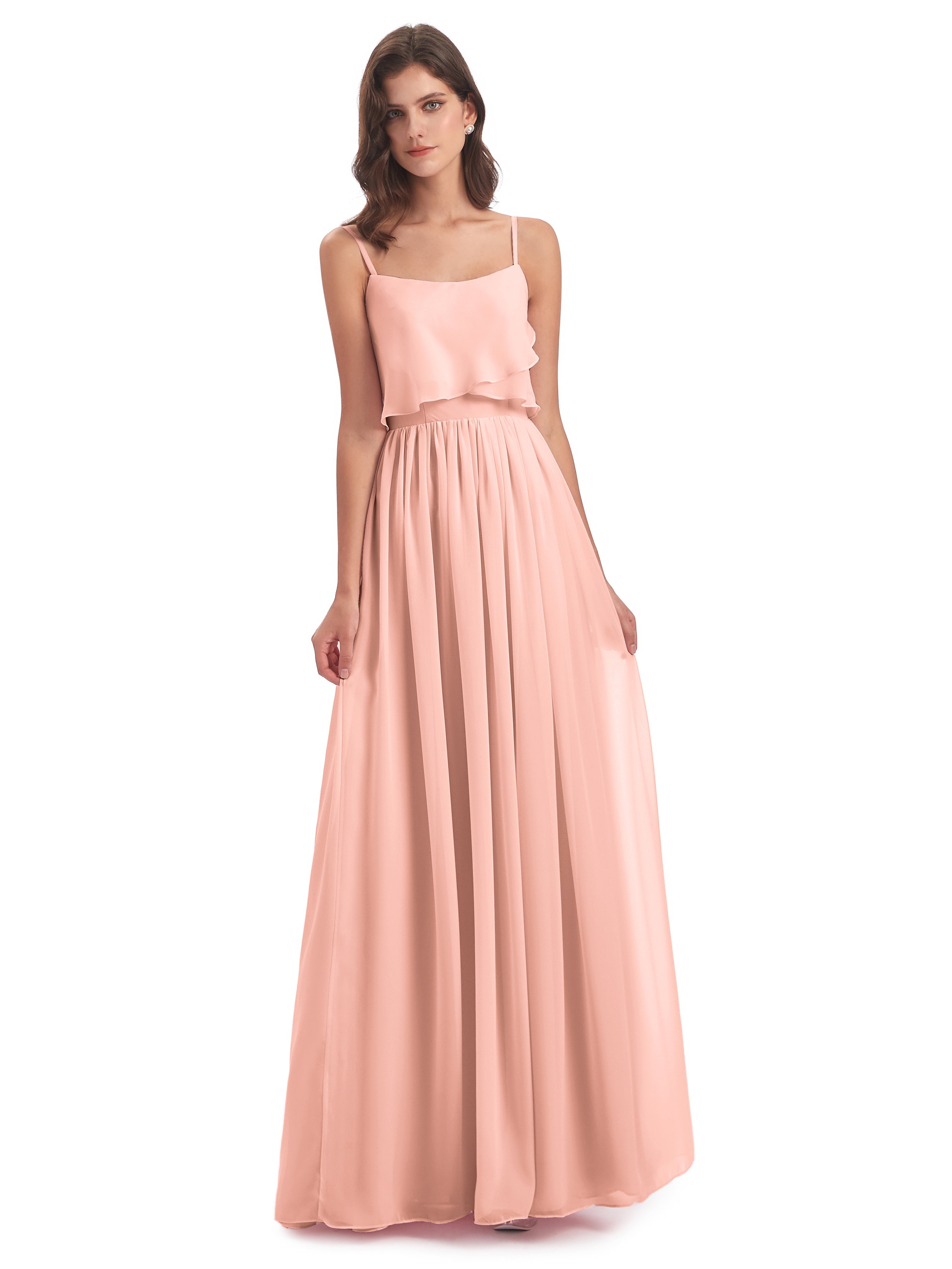 Robes De Demoiselle D Honneur Corail Bretelles Spaghetti Mousseline Longue Robes Demoiselle D'Honneur