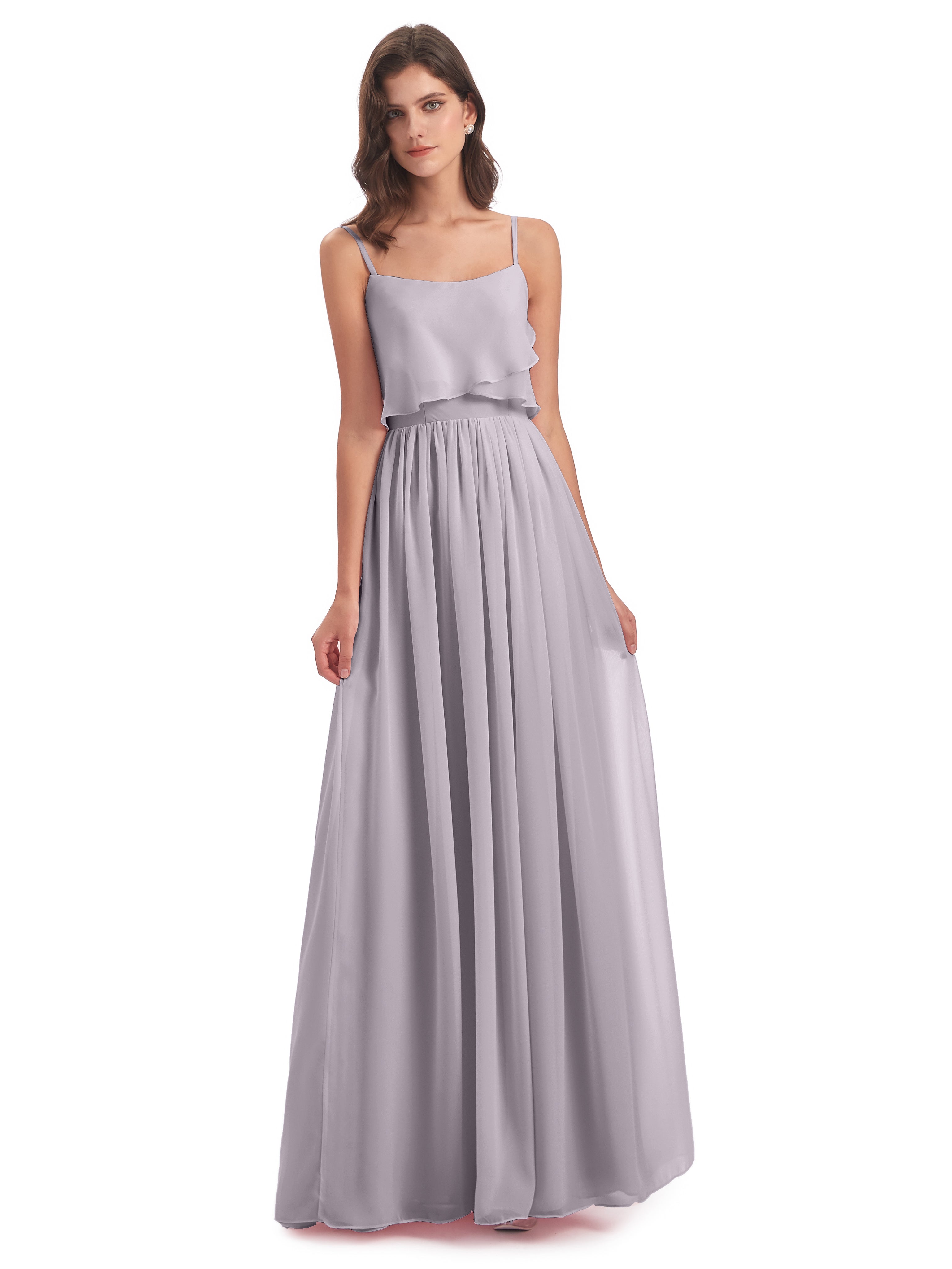 Robes De Demoiselle D'Honneur Couleur Crépuscule Bretelles Spaghetti Mousseline Longue Robes Demoiselle D'Honneur