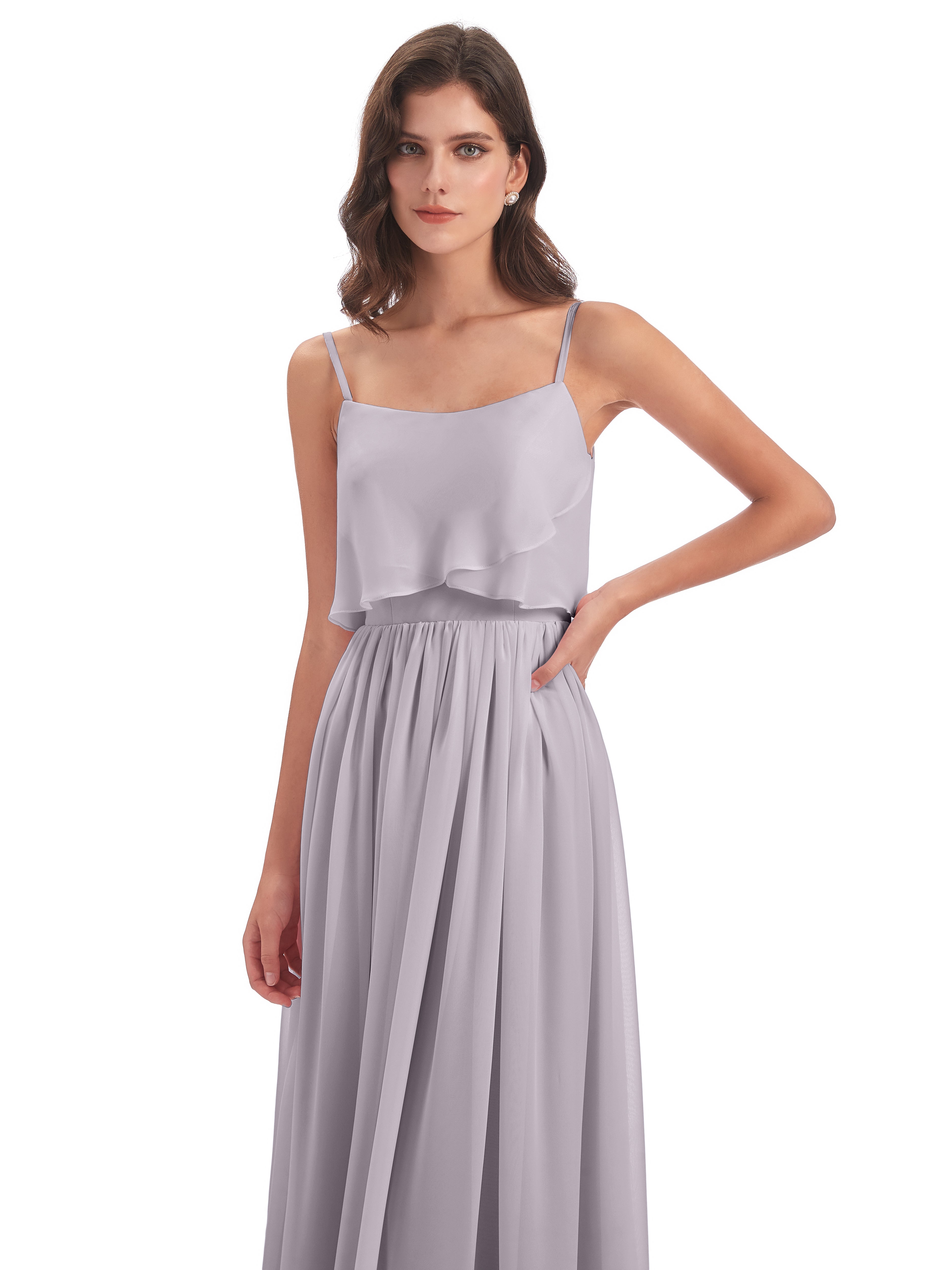 Robes De Demoiselle D'Honneur Couleur Crépuscule Bretelles Spaghetti Mousseline Longue Robes Demoiselle D'Honneur