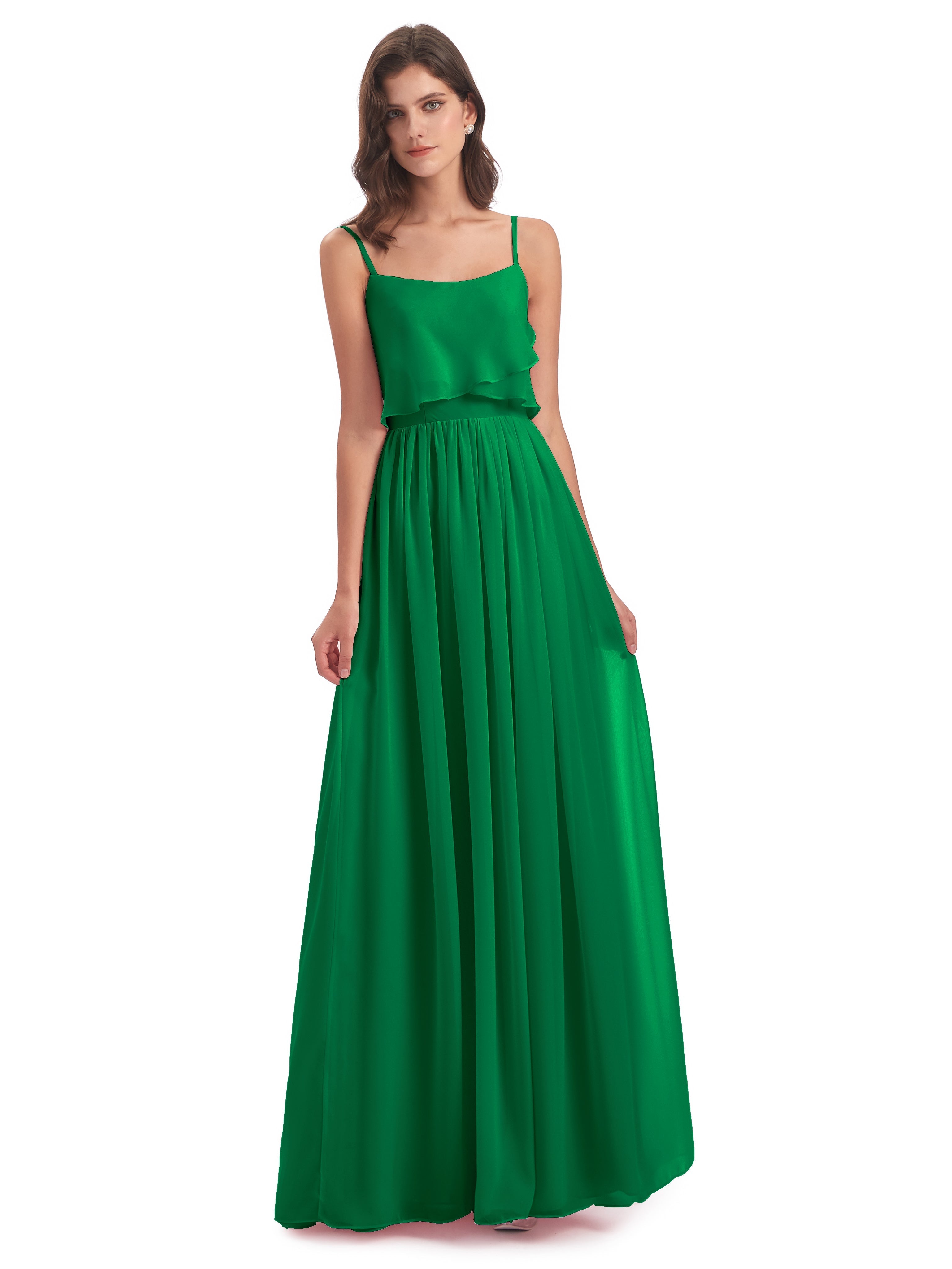 Bridal Robe Demoiselle D Honneur Vert Emeraude Bretelles Spaghetti Mousseline Longue Robes Demoiselle D'Honneur