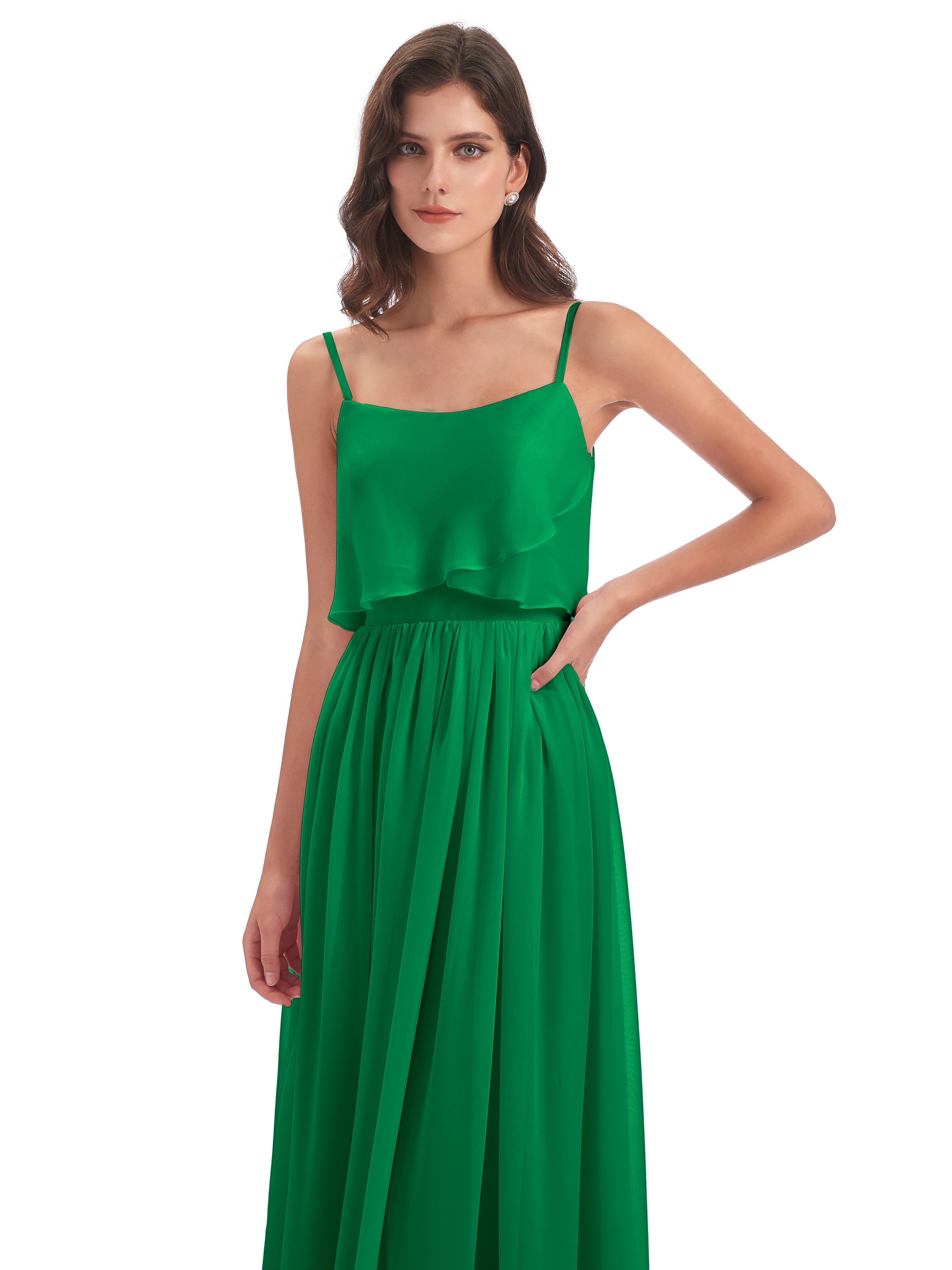 Bridal Robe Demoiselle D Honneur Vert Emeraude Bretelles Spaghetti Mousseline Longue Robes Demoiselle D'Honneur