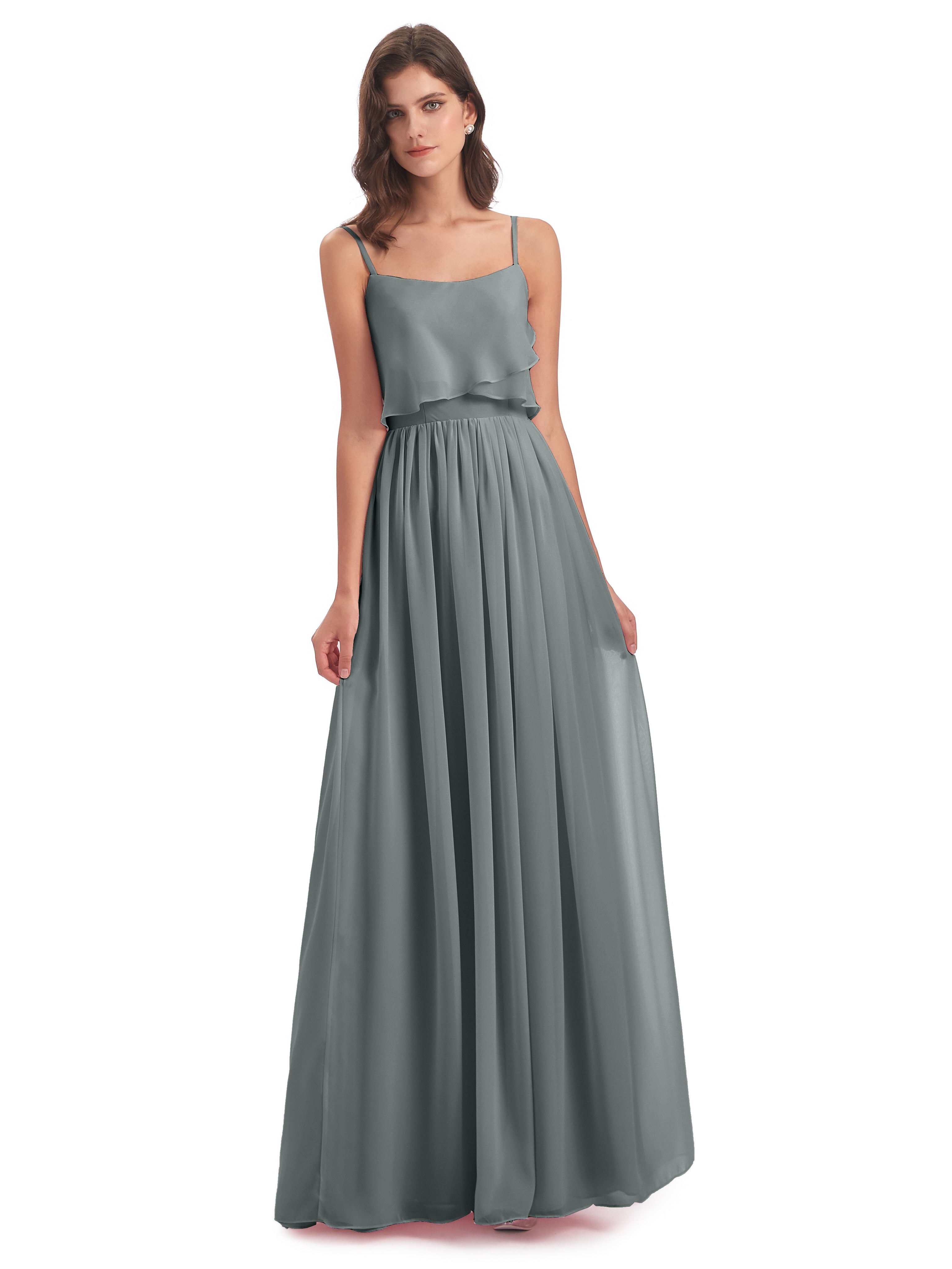 Robe Demoiselle D Honneur Gris Argenté Bretelles Spaghetti Mousseline Longue Robes Demoiselle D'Honneur