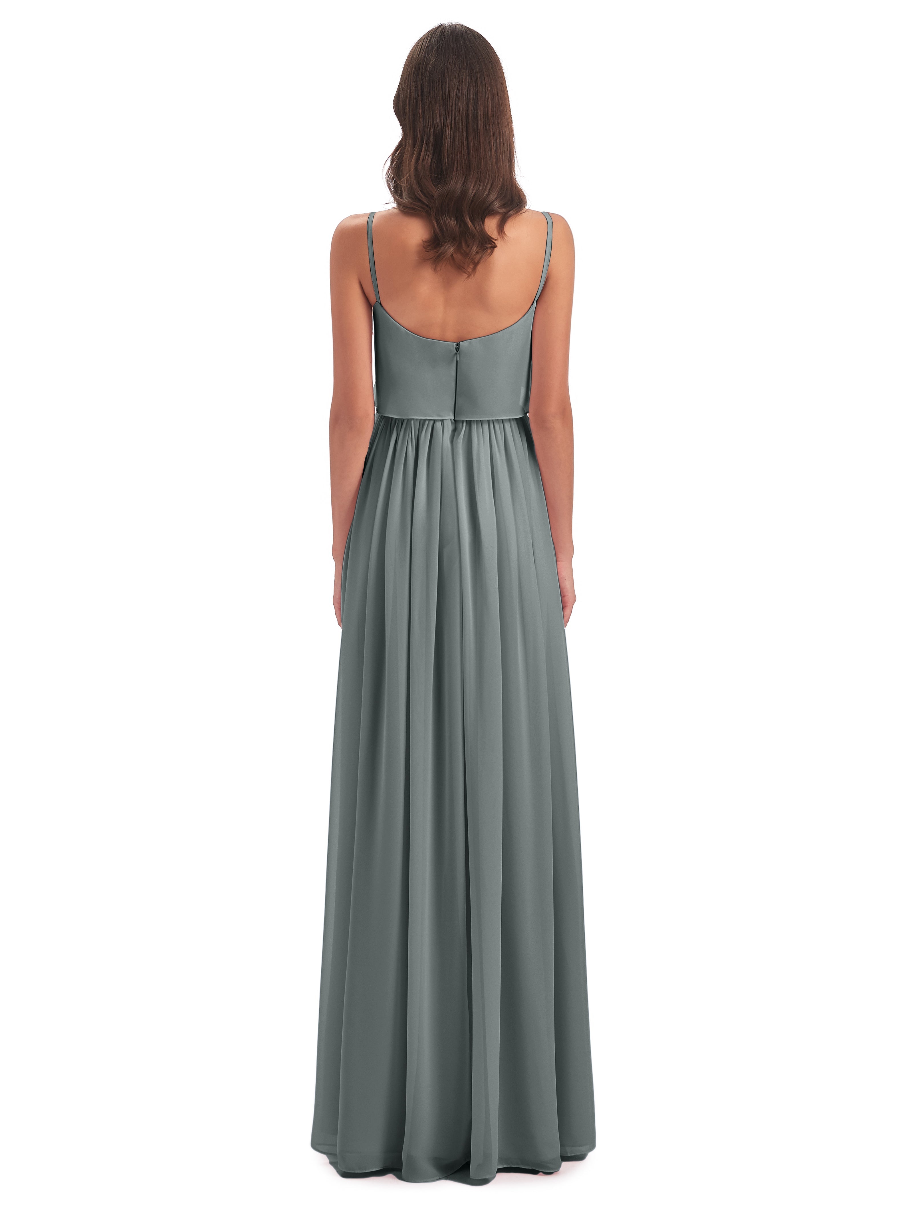 Robe Demoiselle D Honneur Gris Argenté Bretelles Spaghetti Mousseline Longue Robes Demoiselle D'Honneur