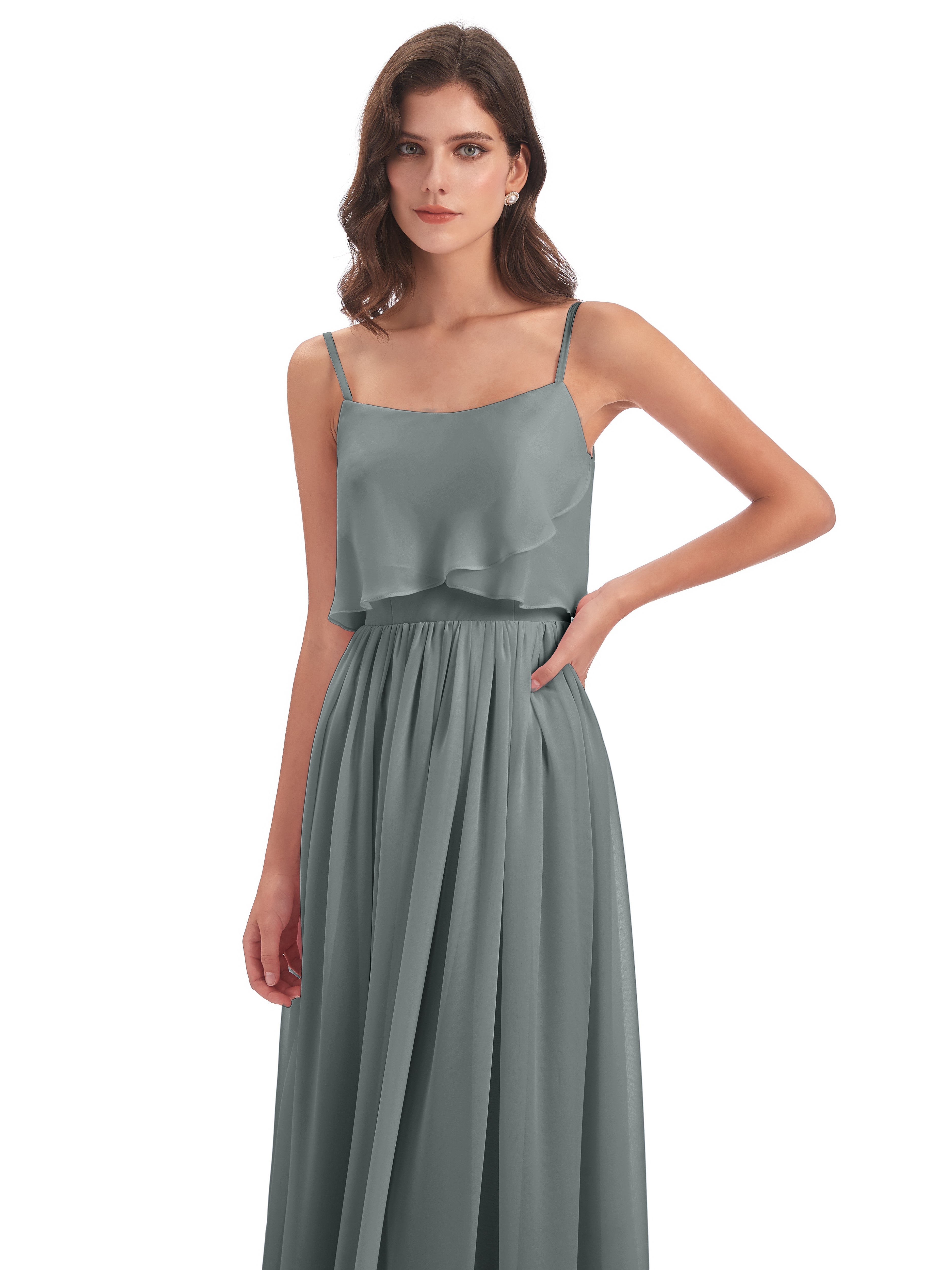 Robe Demoiselle D Honneur Gris Argenté Bretelles Spaghetti Mousseline Longue Robes Demoiselle D'Honneur
