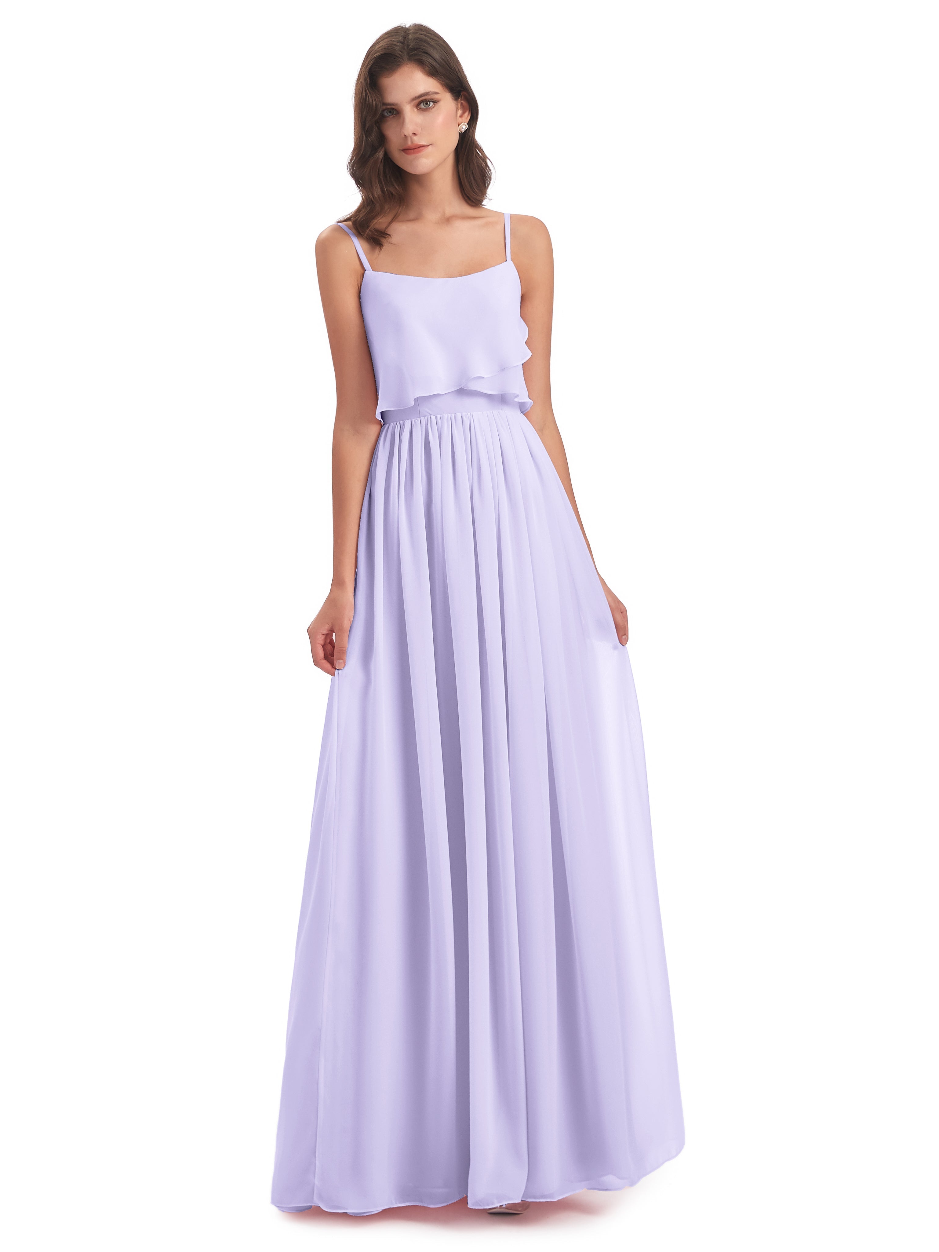 Robe Demoiselle D Honneur Couleur Lilas Bretelles Spaghetti Mousseline Longue Robes Demoiselle D'Honneur