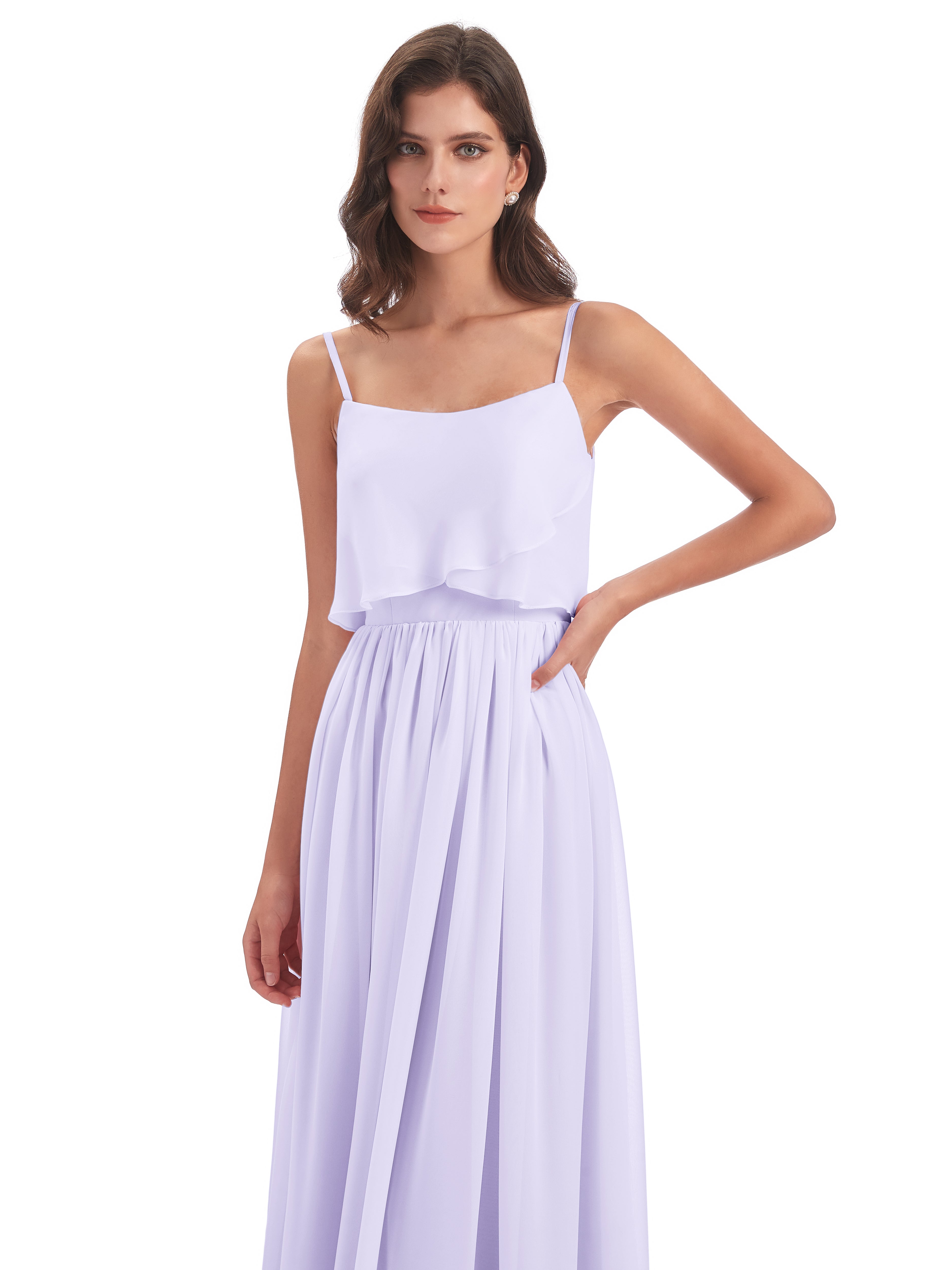 Robe Demoiselle D Honneur Couleur Lilas Bretelles Spaghetti Mousseline Longue Robes Demoiselle D'Honneur