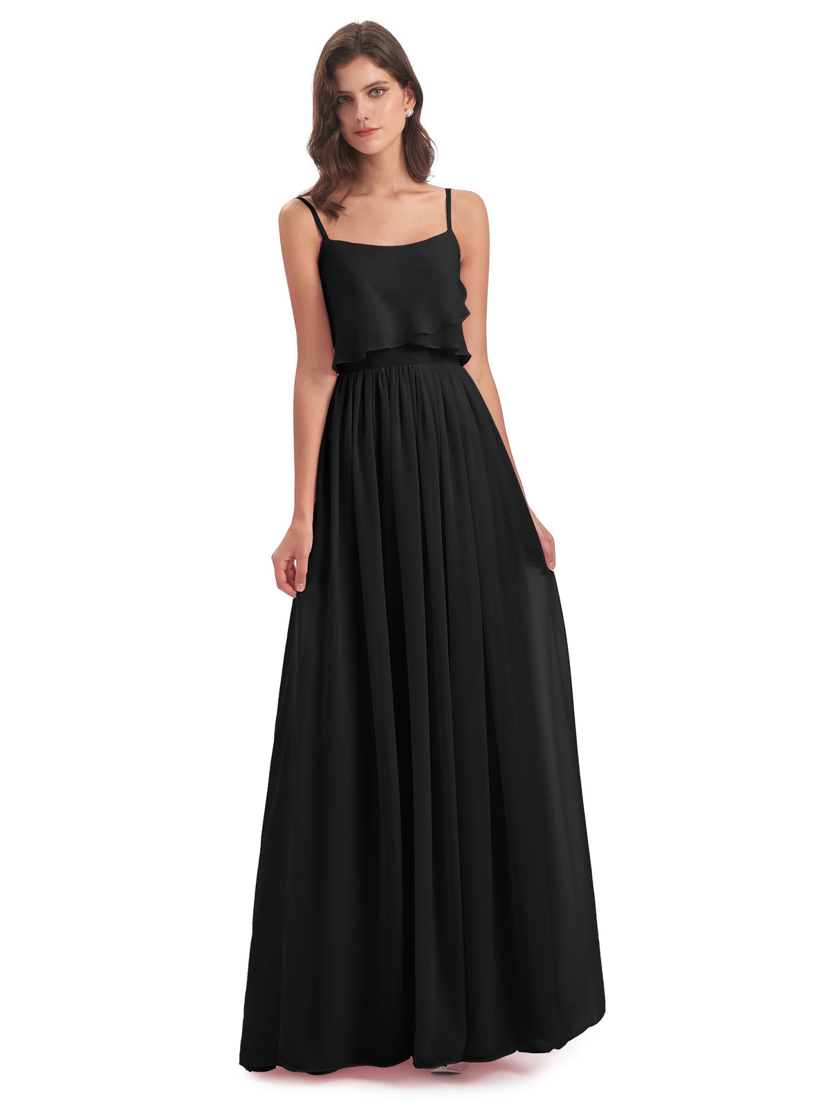 Demoiselle D Honneur Robe Noire Bretelles Spaghetti Mousseline Longue Robes Demoiselle D'Honneur