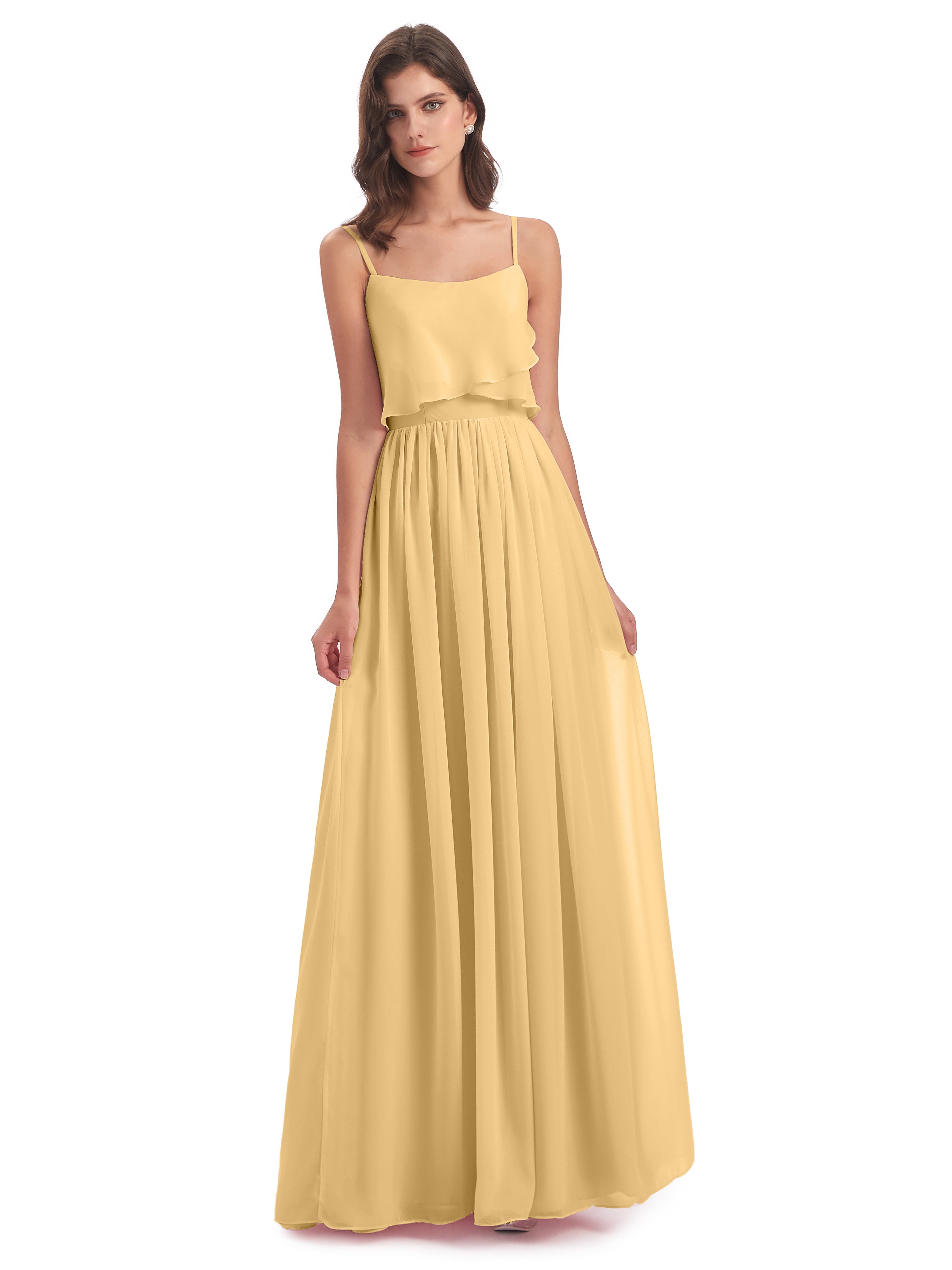 Robe Demoiselle D Honneur Couleur Or Bretelles Spaghetti Mousseline Longue Robes Demoiselle D'Honneur