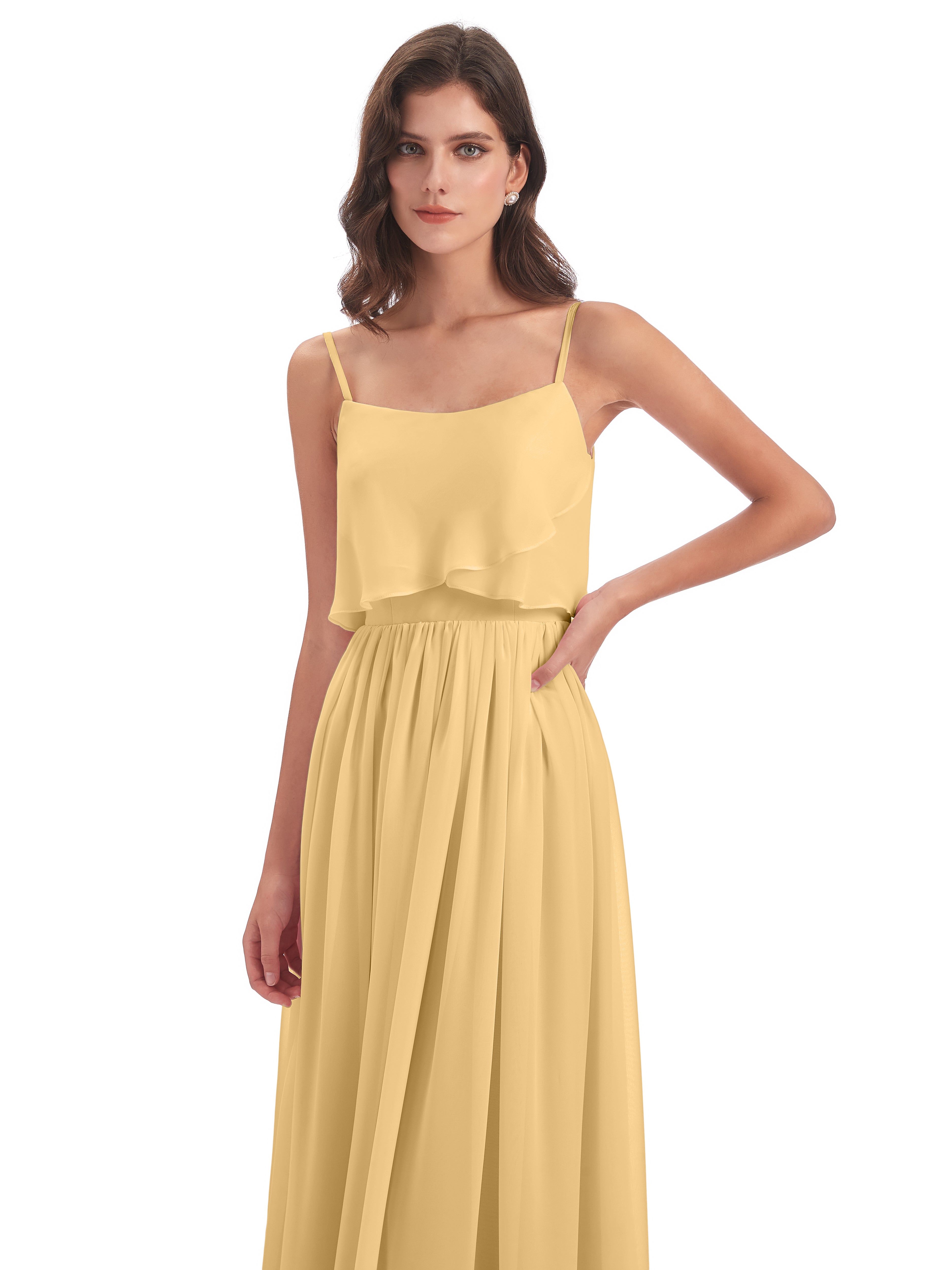 Robe Demoiselle D Honneur Couleur Or Bretelles Spaghetti Mousseline Longue Robes Demoiselle D'Honneur
