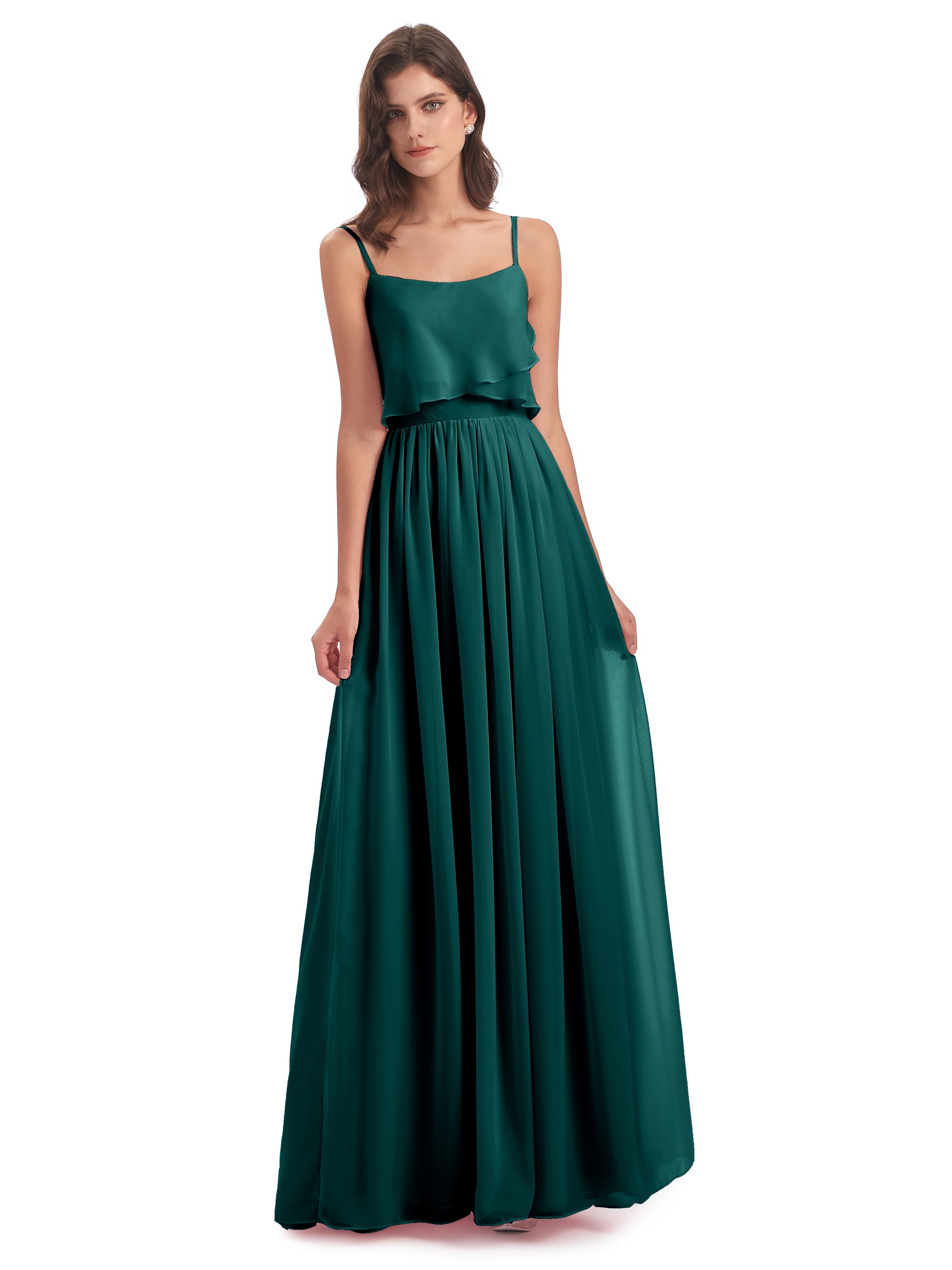 Robes De Demoiselle D'Honneur Paon Bretelles Spaghetti Mousseline Longue Robes Demoiselle D'Honneur