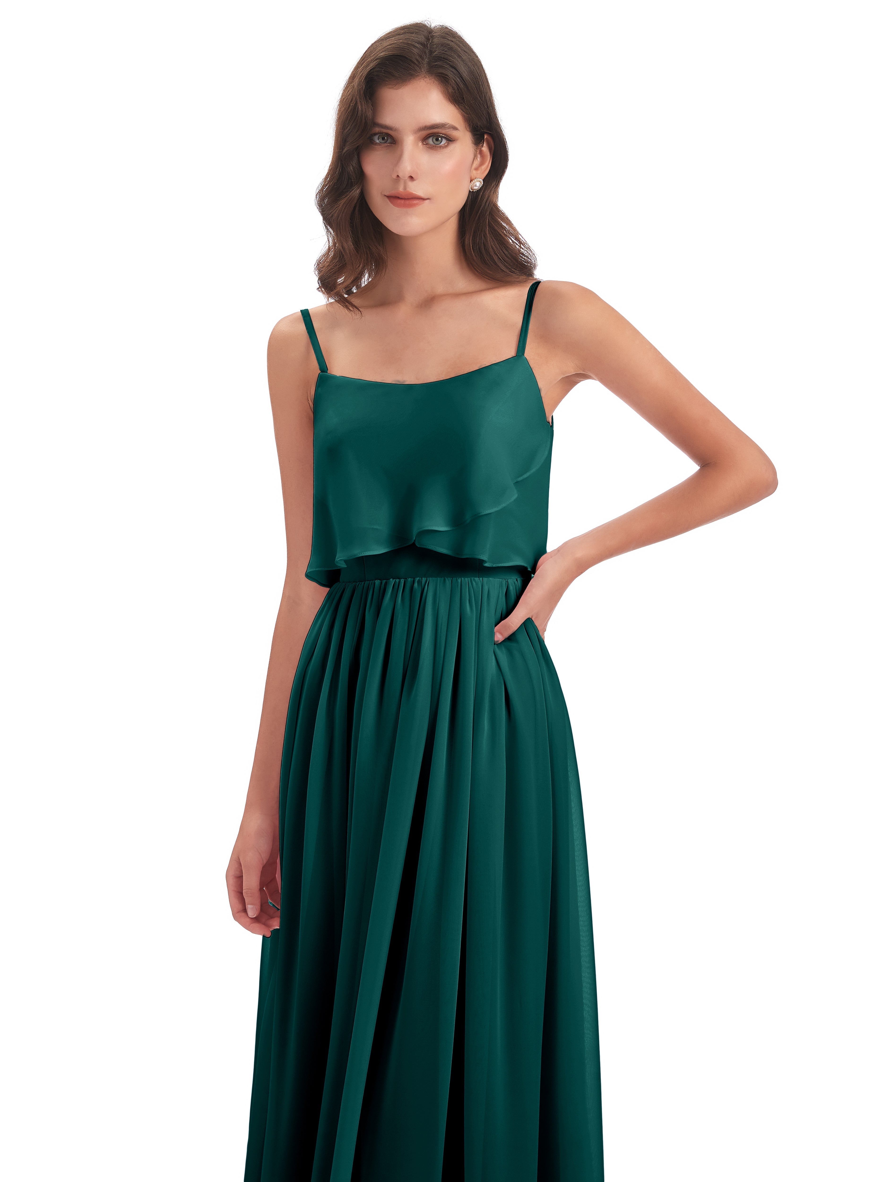 Robes De Demoiselle D'Honneur Paon Bretelles Spaghetti Mousseline Longue Robes Demoiselle D'Honneur