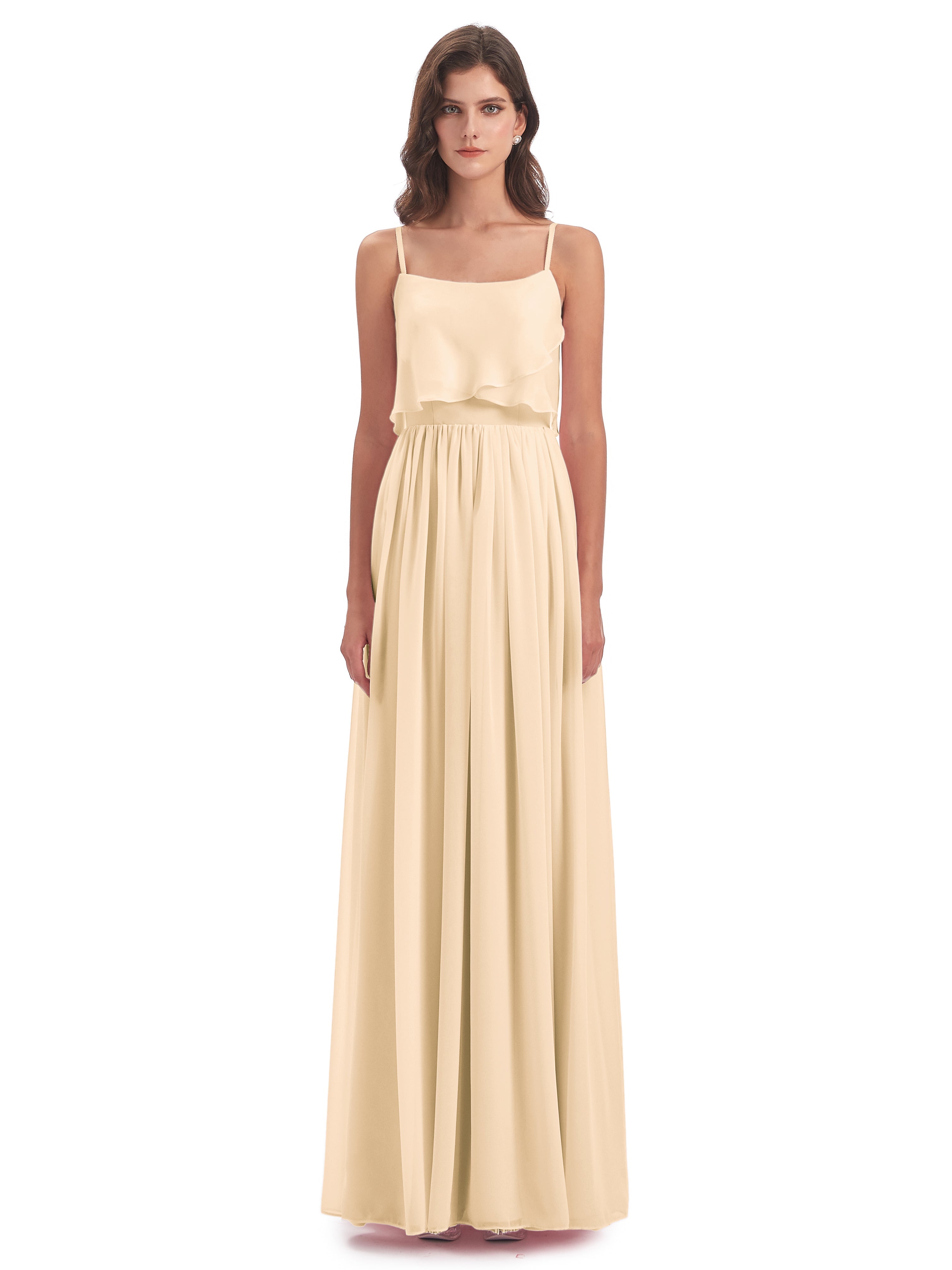 Robe Peche Demoiselle D Honneur Bretelles Spaghetti Mousseline Longue Robes Demoiselle D'Honneur