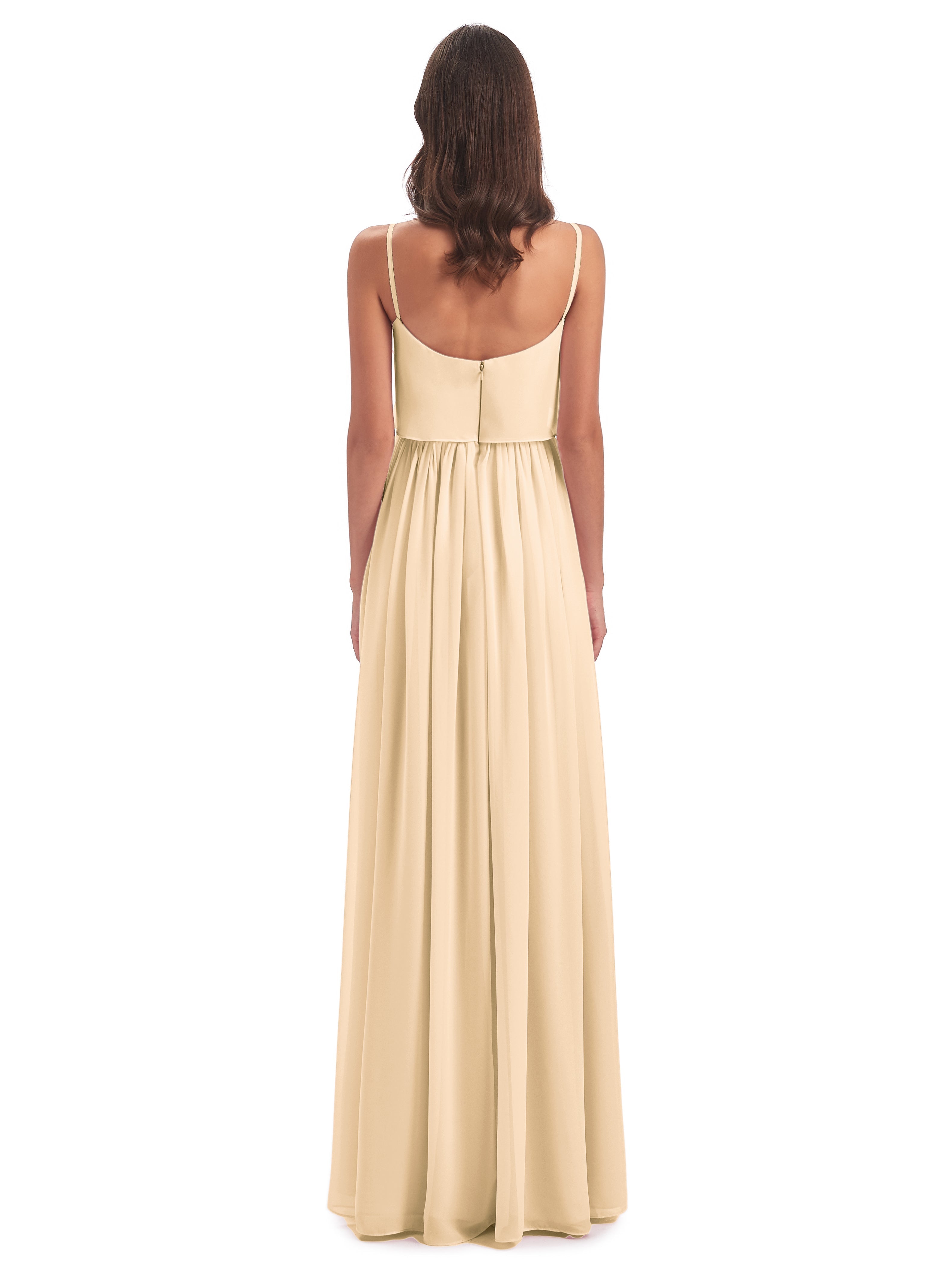 Robe Peche Demoiselle D Honneur Bretelles Spaghetti Mousseline Longue Robes Demoiselle D'Honneur