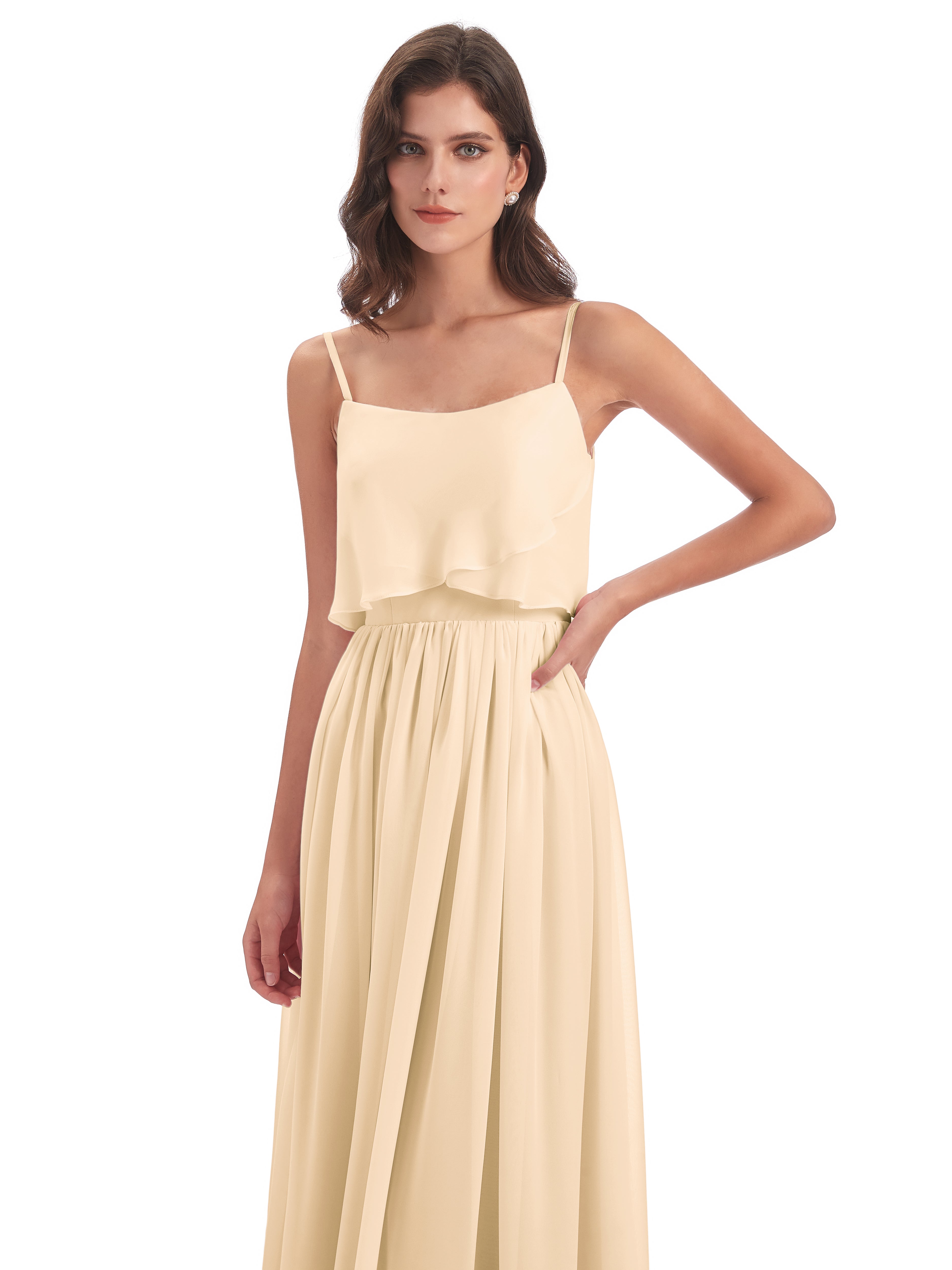 Robe Peche Demoiselle D Honneur Bretelles Spaghetti Mousseline Longue Robes Demoiselle D'Honneur