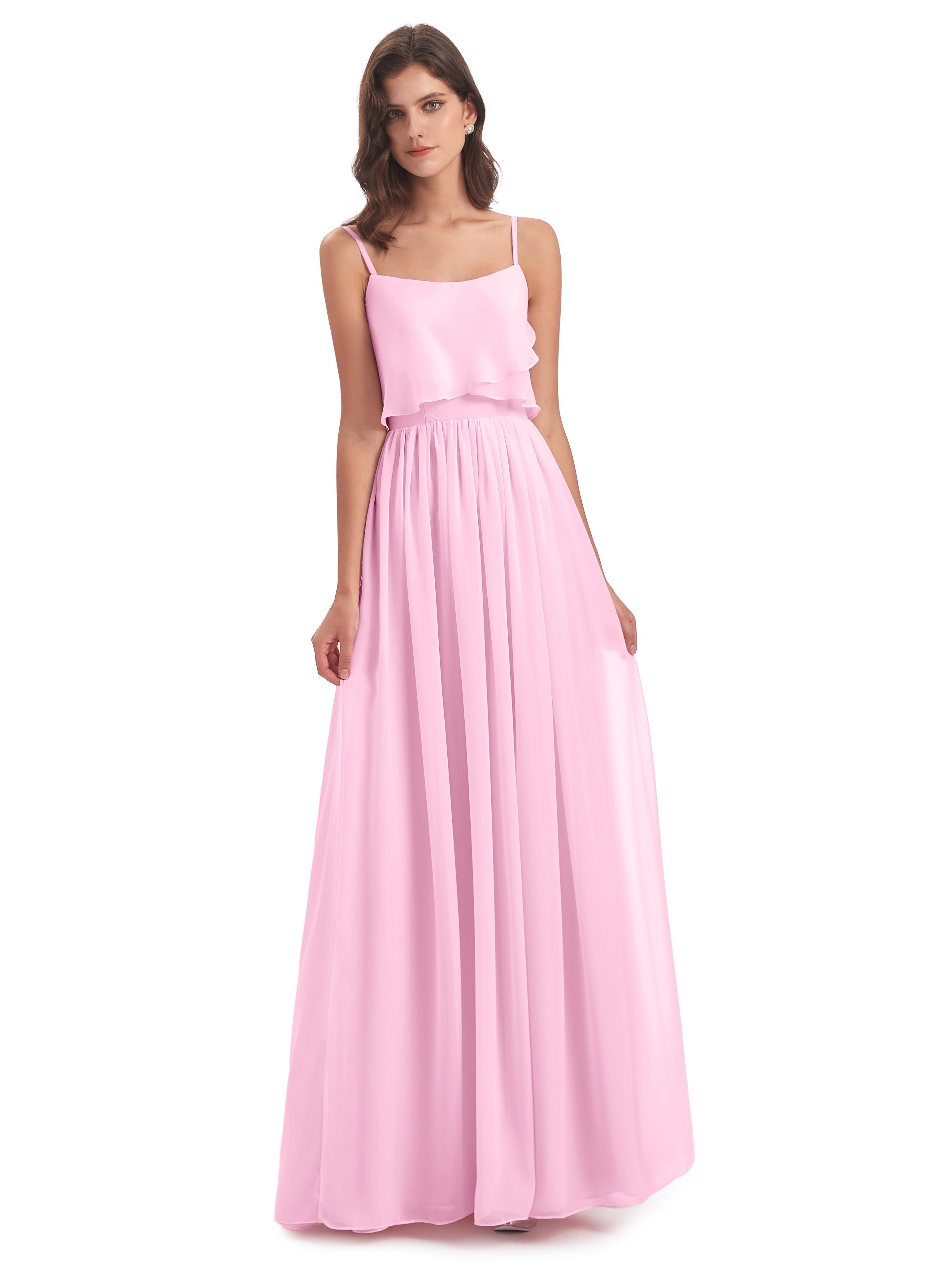 Robe Demoiselle D Honneur Rose Bonbon Bretelles Spaghetti Mousseline Longue Robes Demoiselle D'Honneur