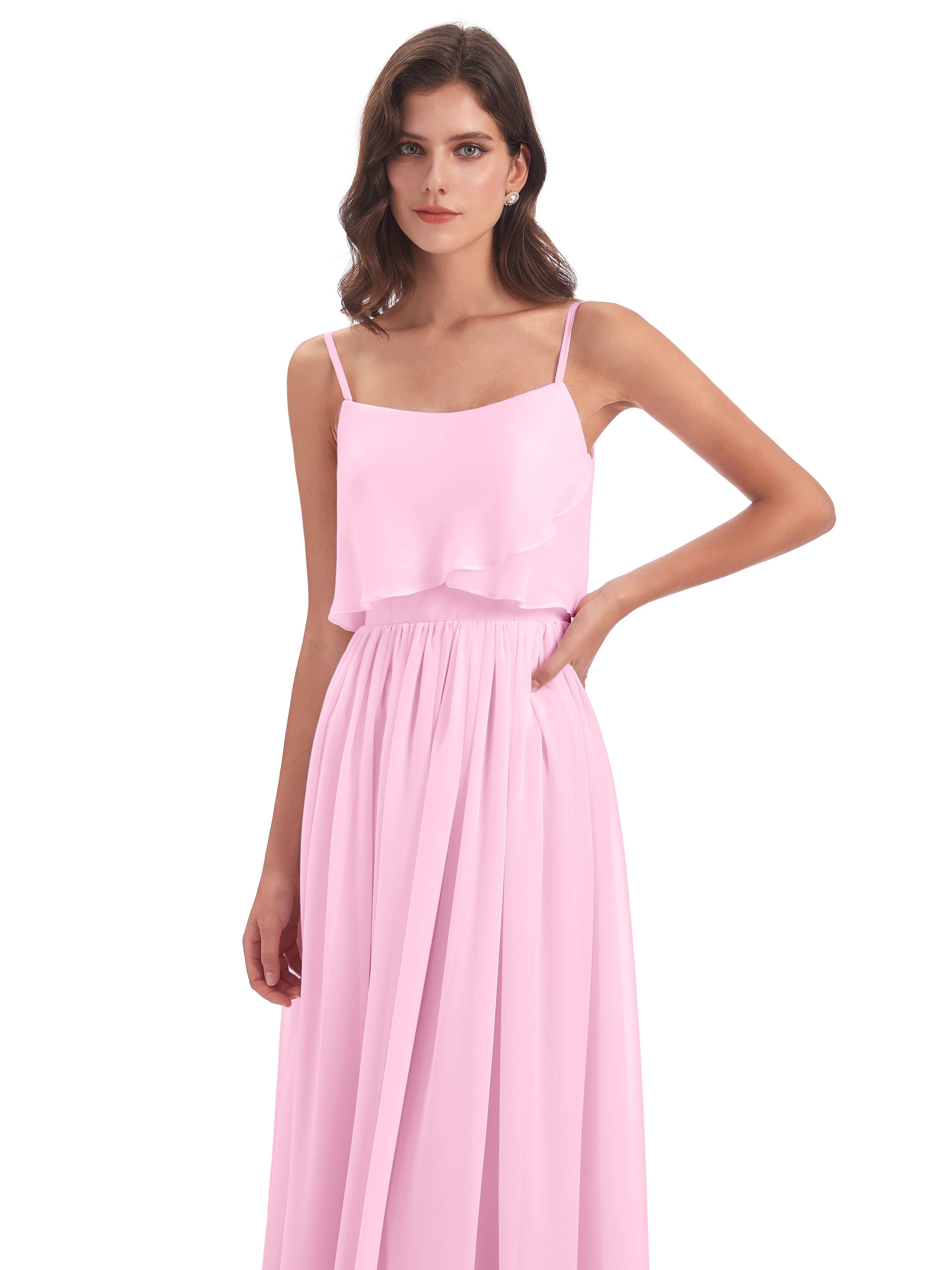 Robe Demoiselle D Honneur Rose Bonbon Bretelles Spaghetti Mousseline Longue Robes Demoiselle D'Honneur