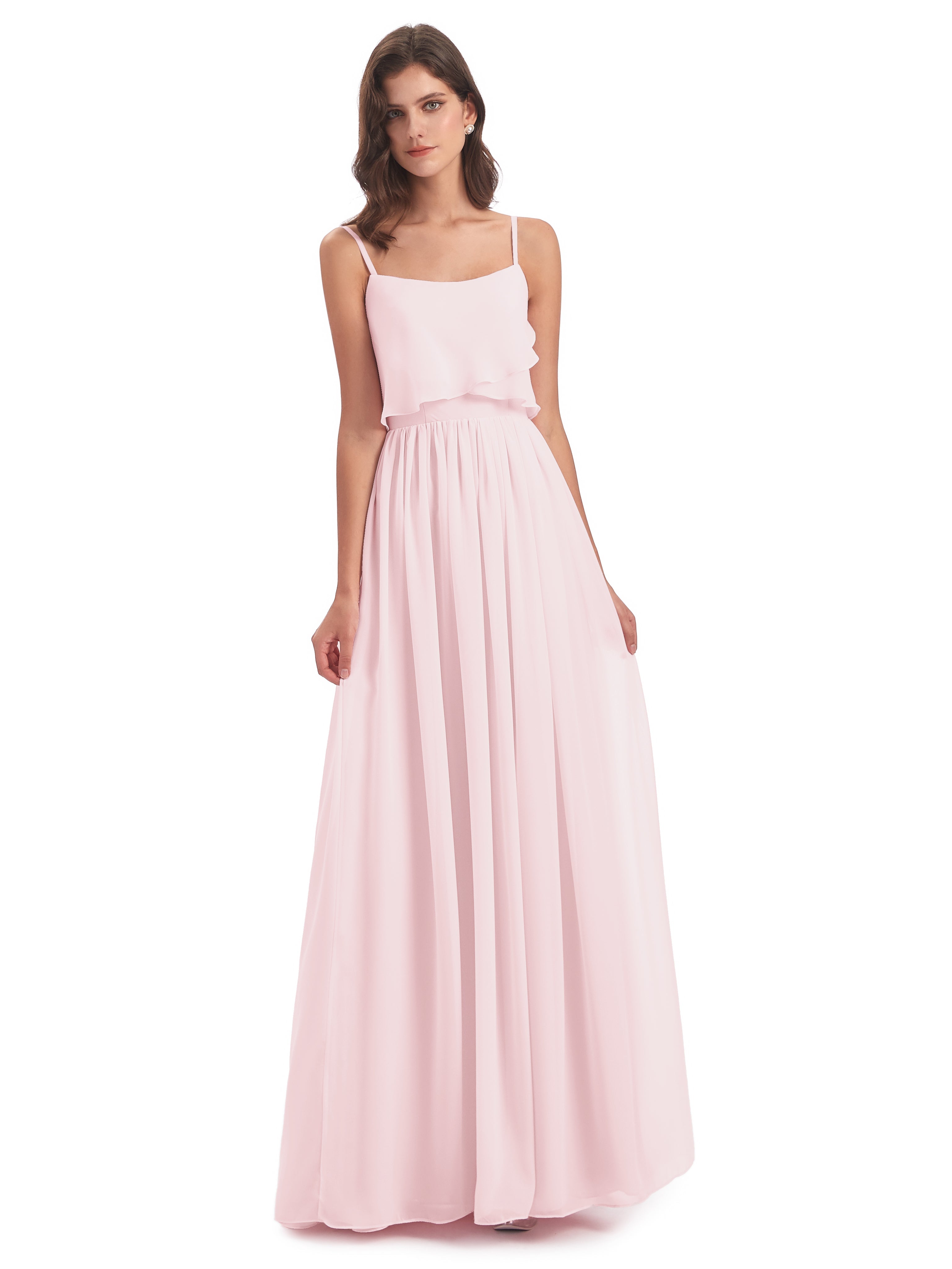 Robes De Demoiselle D'Honneur Rose Pale Bretelles Spaghetti Mousseline Longue Robes Demoiselle D'Honneur