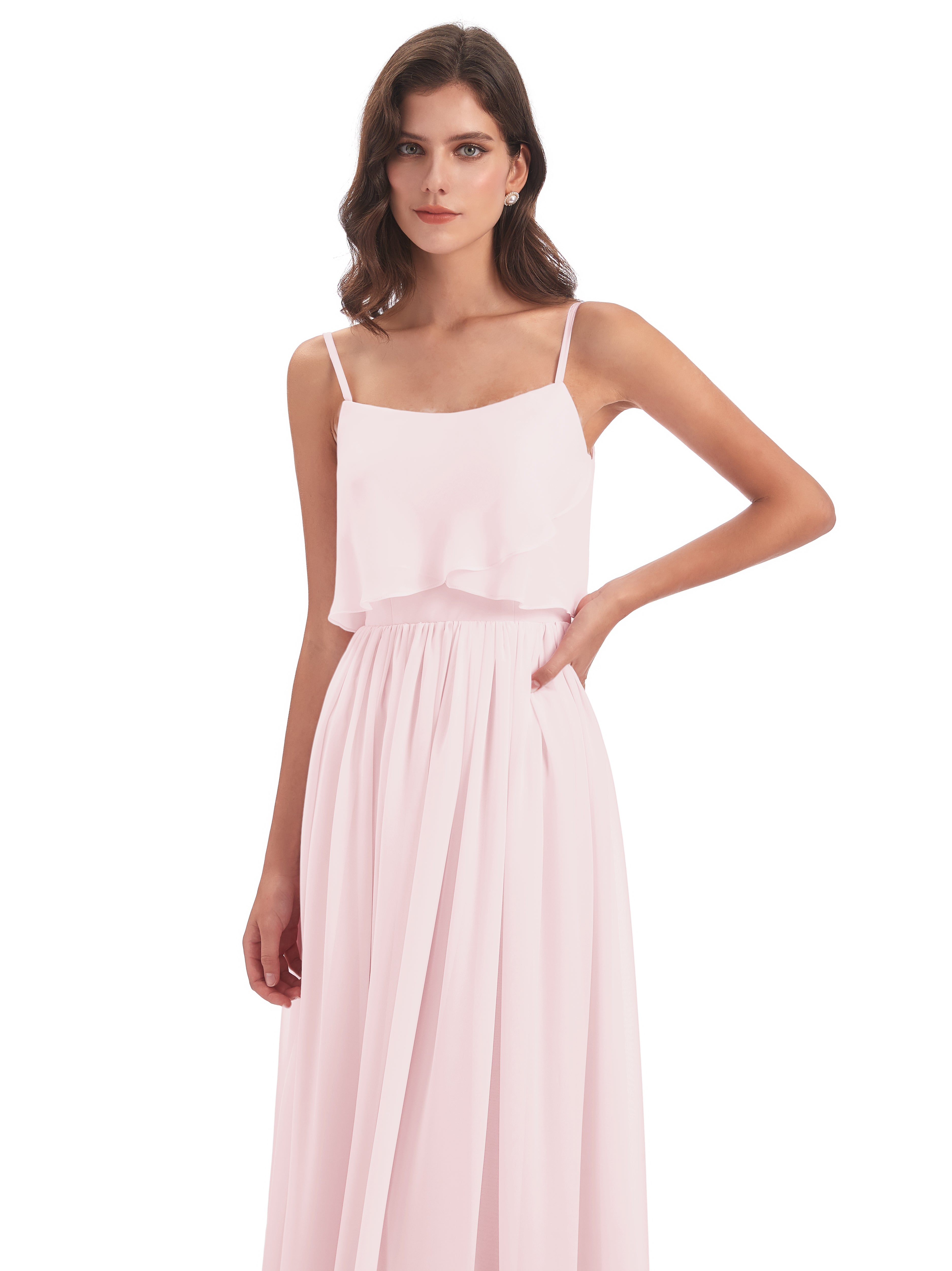 Robes De Demoiselle D'Honneur Rose Pale Bretelles Spaghetti Mousseline Longue Robes Demoiselle D'Honneur