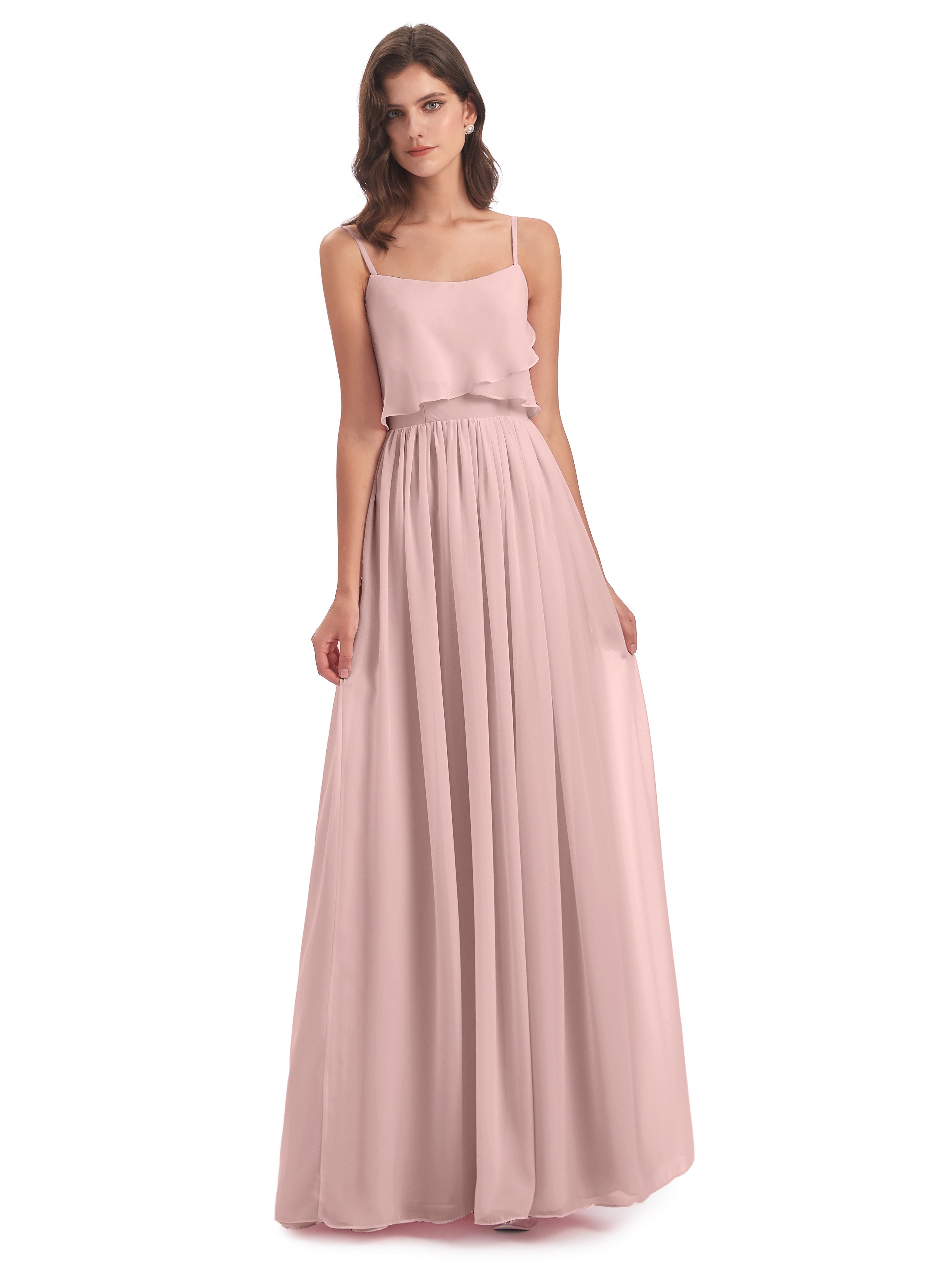 Robe Rose Poudrée Demoiselle D Honneur Bretelles Spaghetti Mousseline Longue Robes Demoiselle D'Honneur