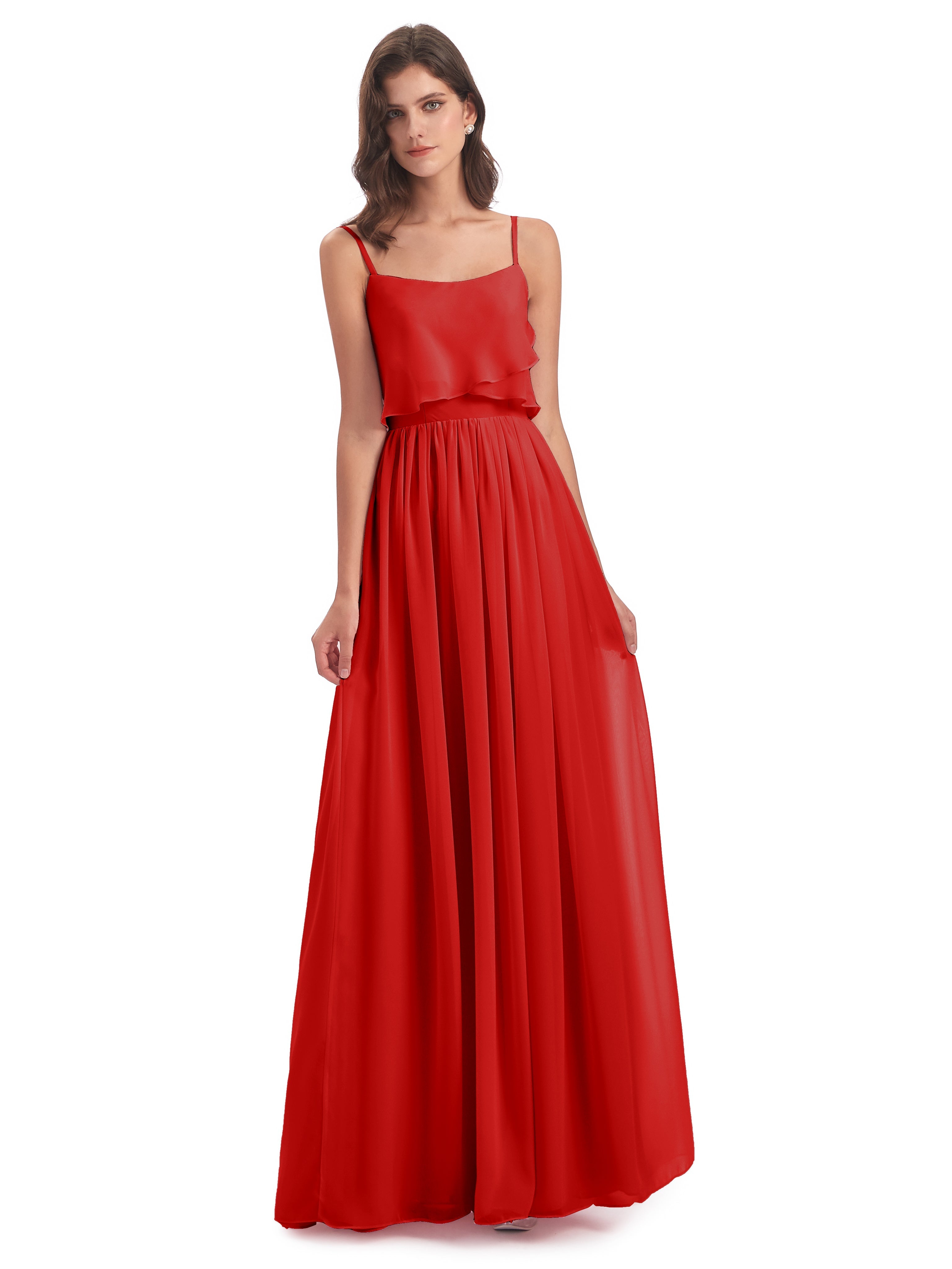Rouge Robe Demoiselle D Honneur Chic Bretelles Spaghetti Mousseline Longue Robes Demoiselle D'Honneur
