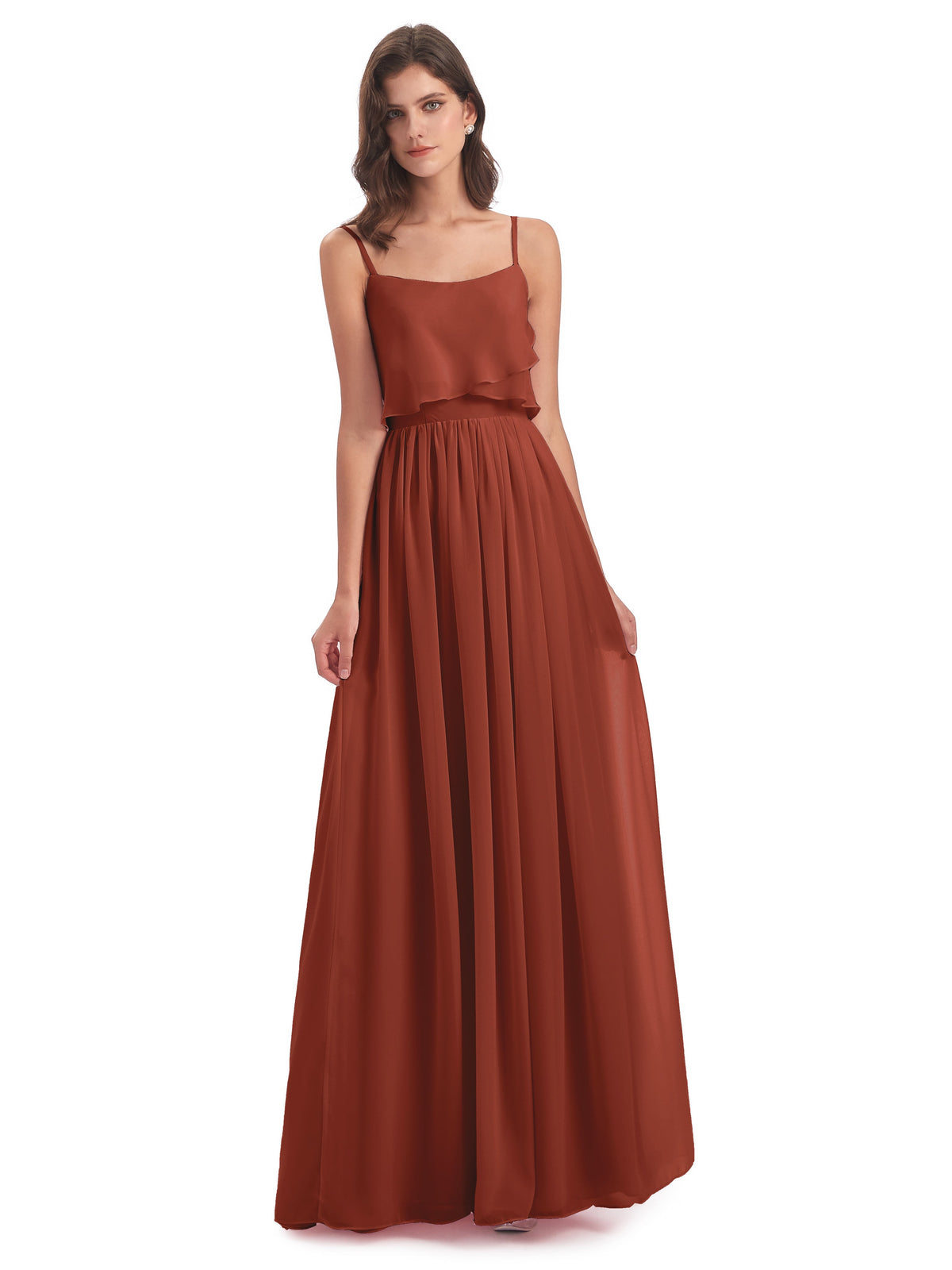 Robe De Demoiselle D'Honneur Rouille Bretelles Spaghetti Mousseline Longue Robes Demoiselle D'Honneur