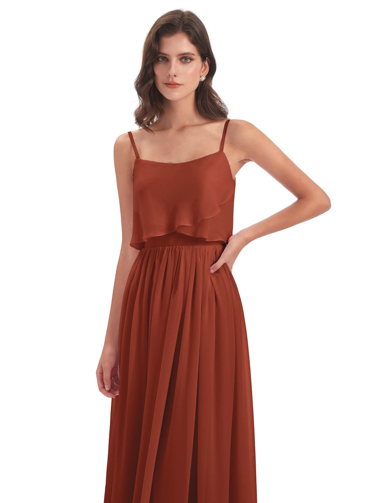 Robe De Demoiselle D'Honneur Rouille Bretelles Spaghetti Mousseline Longue Robes Demoiselle D'Honneur