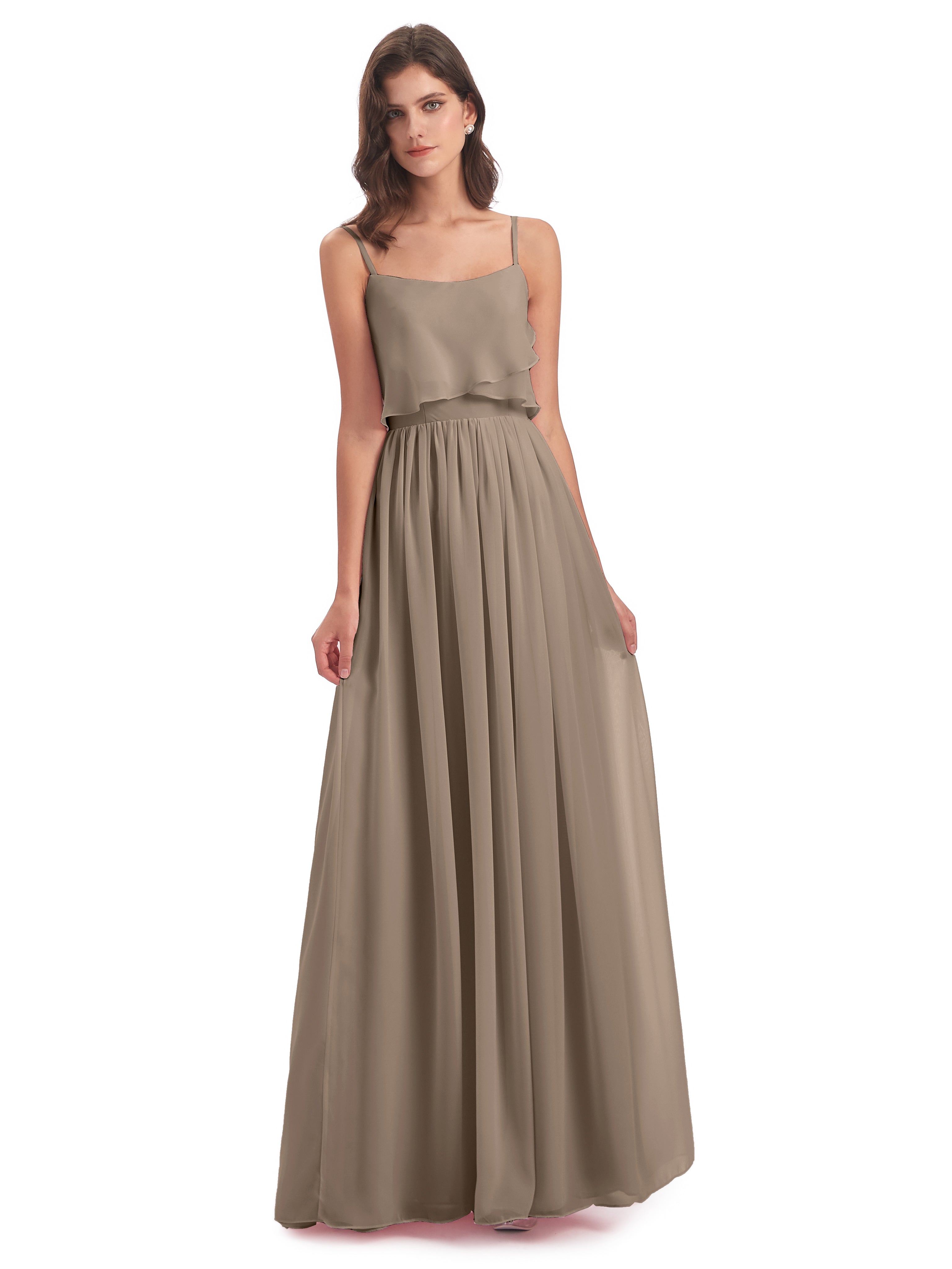 Robe Demoiselle D Honneur Taupe Bretelles Spaghetti Mousseline Longue Robes Demoiselle D'Honneur