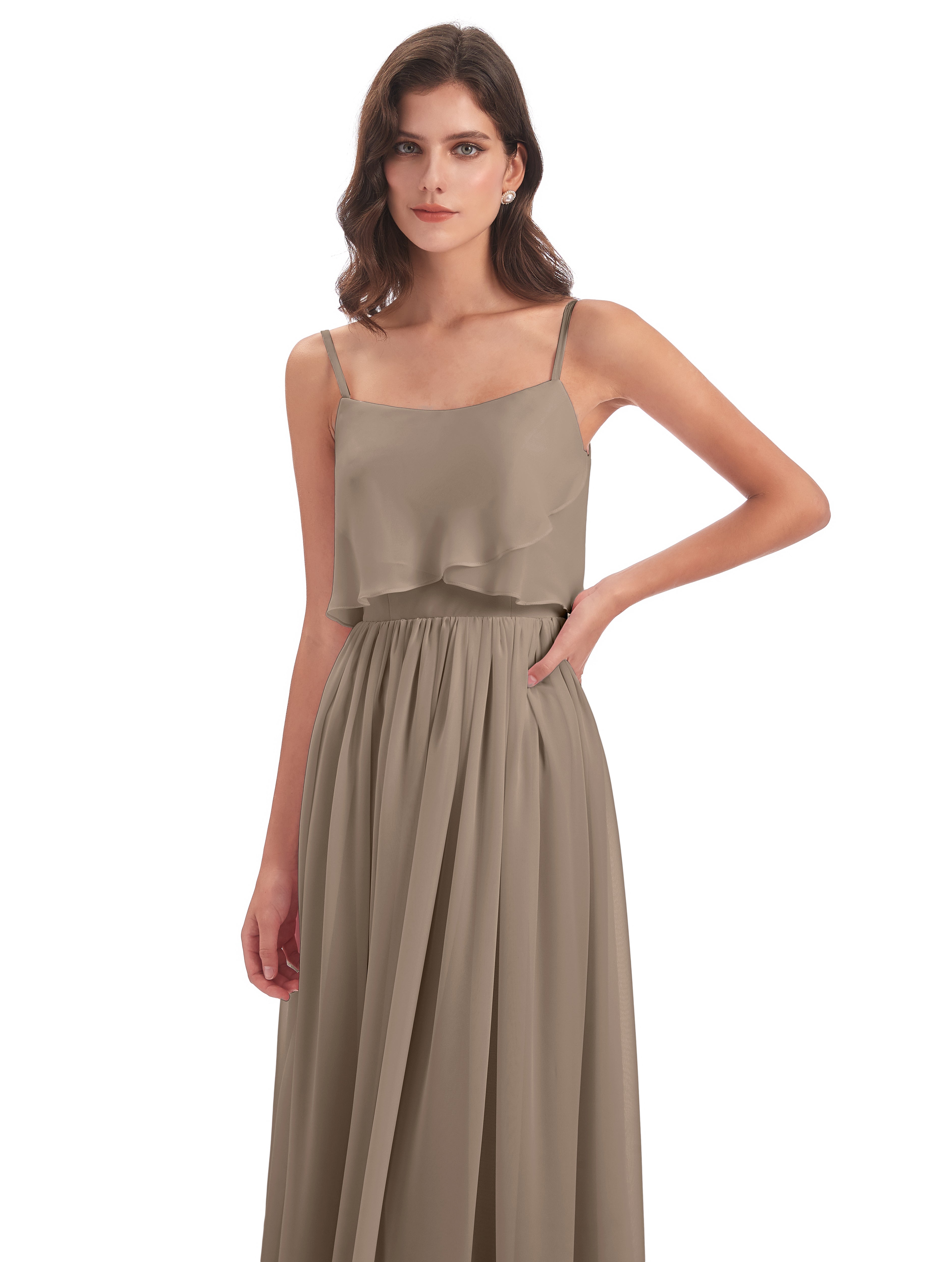 Robe Demoiselle D Honneur Taupe Bretelles Spaghetti Mousseline Longue Robes Demoiselle D'Honneur