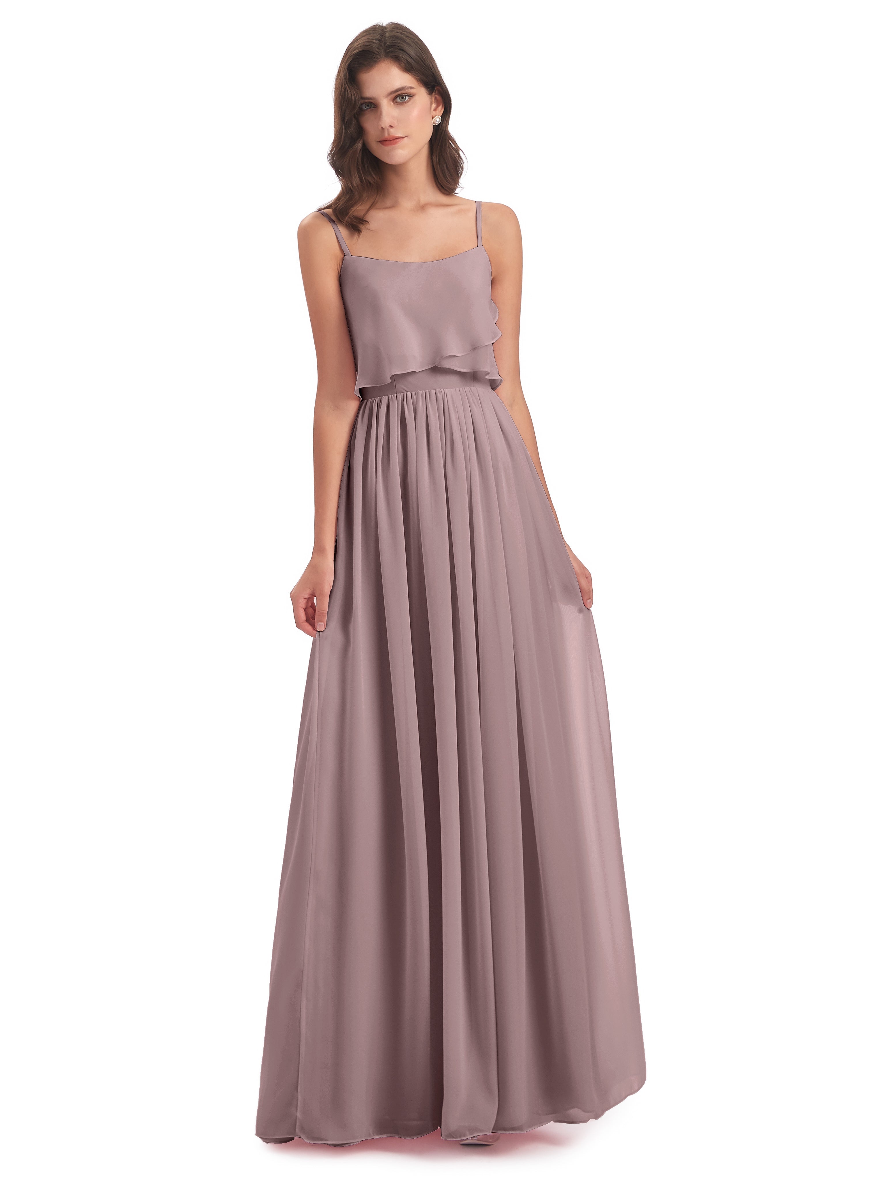 Robes De Demoiselle D'Honneur Mauve Foncé Bretelles Spaghetti Mousseline Longue Robes Demoiselle D'Honneur