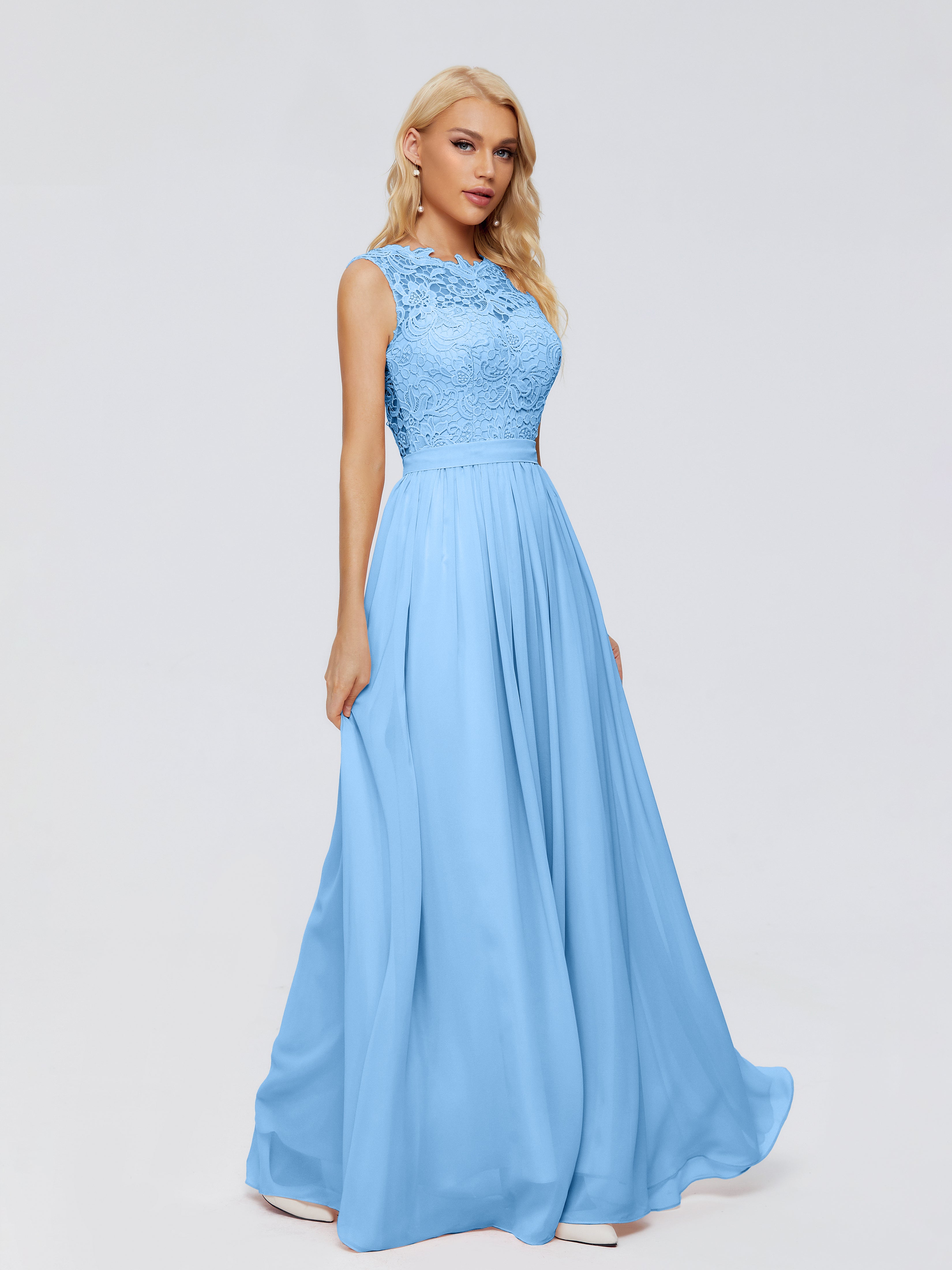 Demoiselle D Honneur Bleu Trapèze Bateau Mousseline Robes Demoiselle D'Honneur