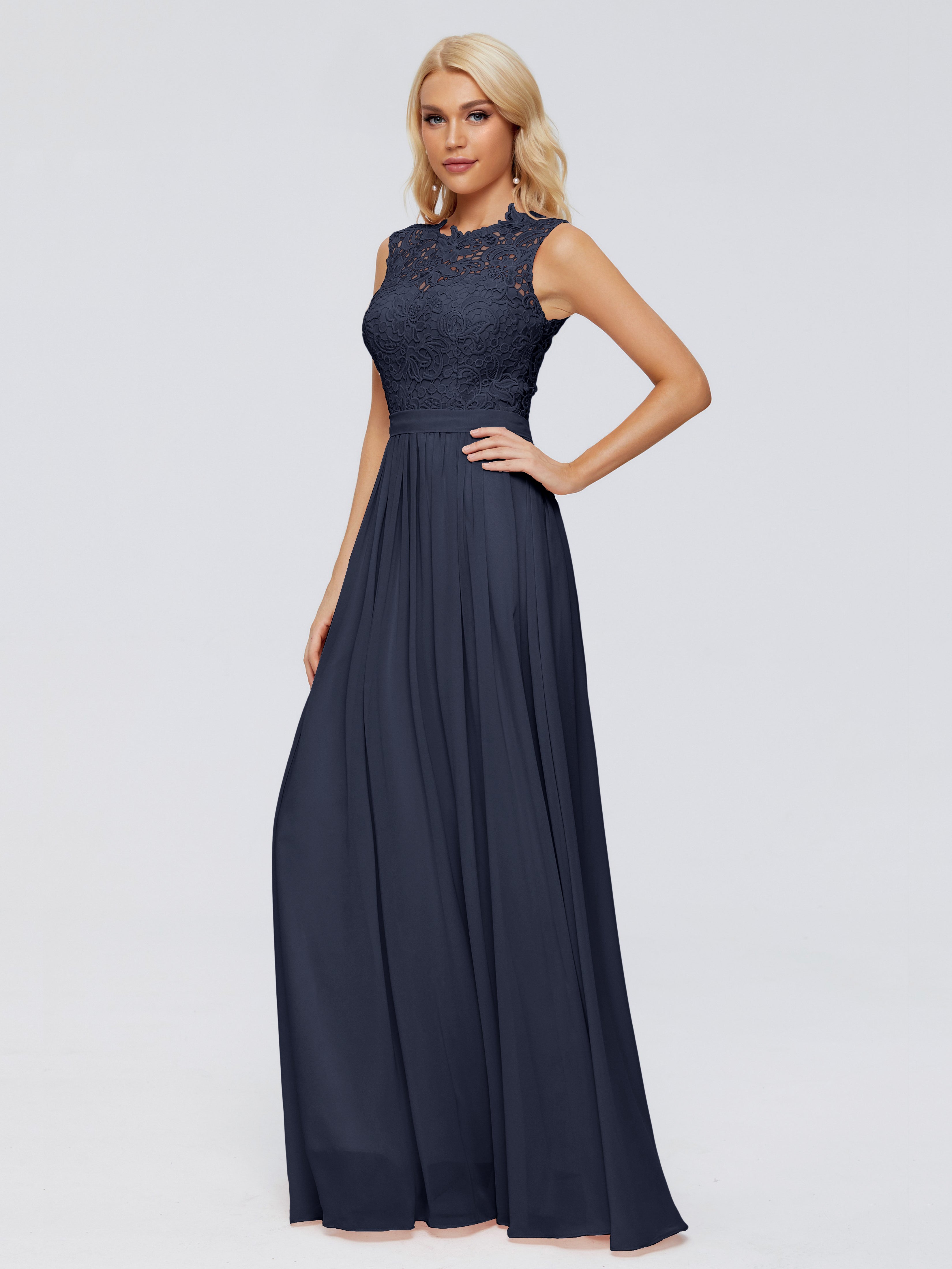 Robes De Demoiselle D'Honneur Bleu Marine Modestes Trapèze Bateau Mousseline Robes Demoiselle D'Honneur