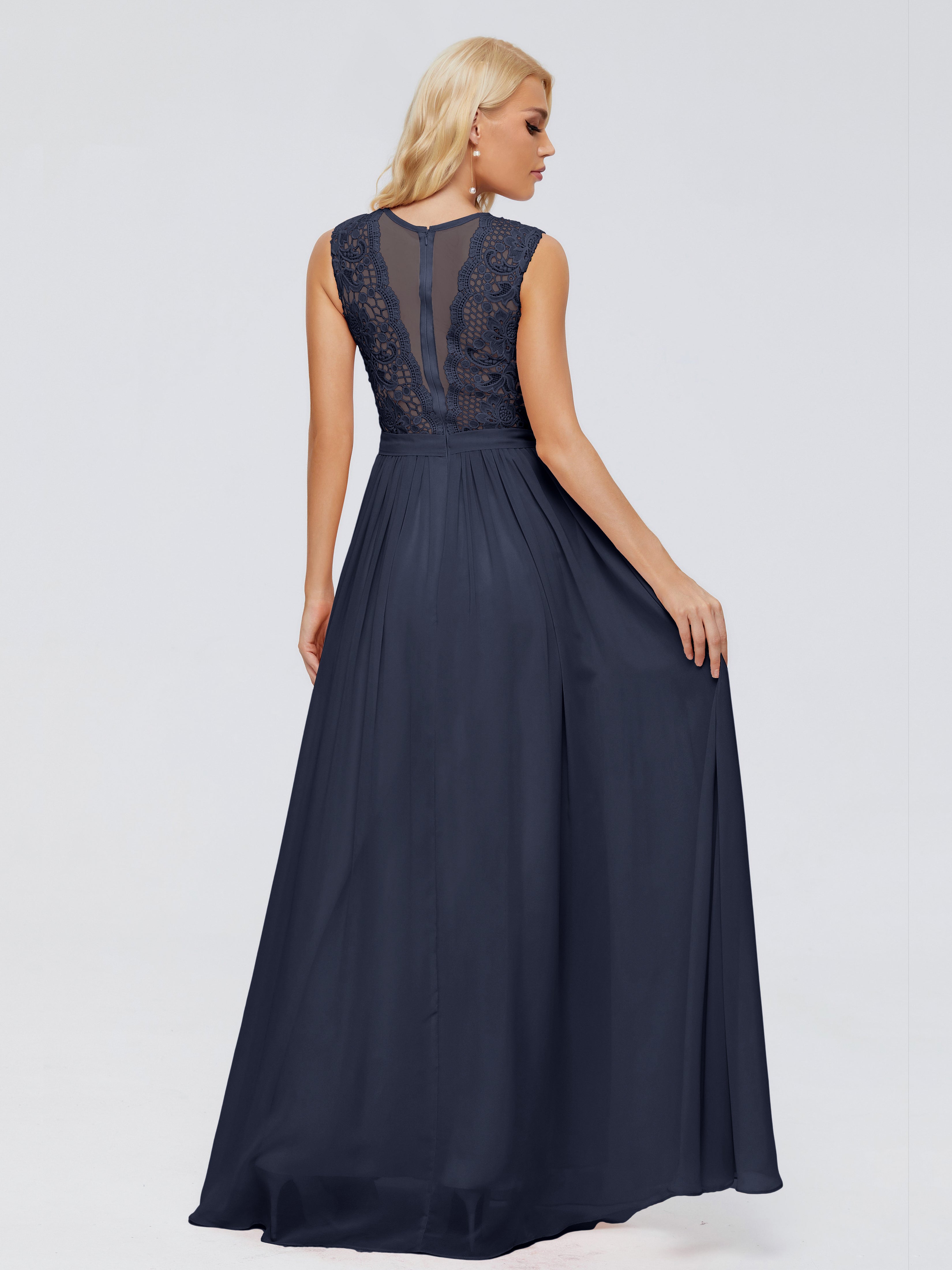 Robes De Demoiselle D'Honneur Bleu Marine Modestes Trapèze Bateau Mousseline Robes Demoiselle D'Honneur