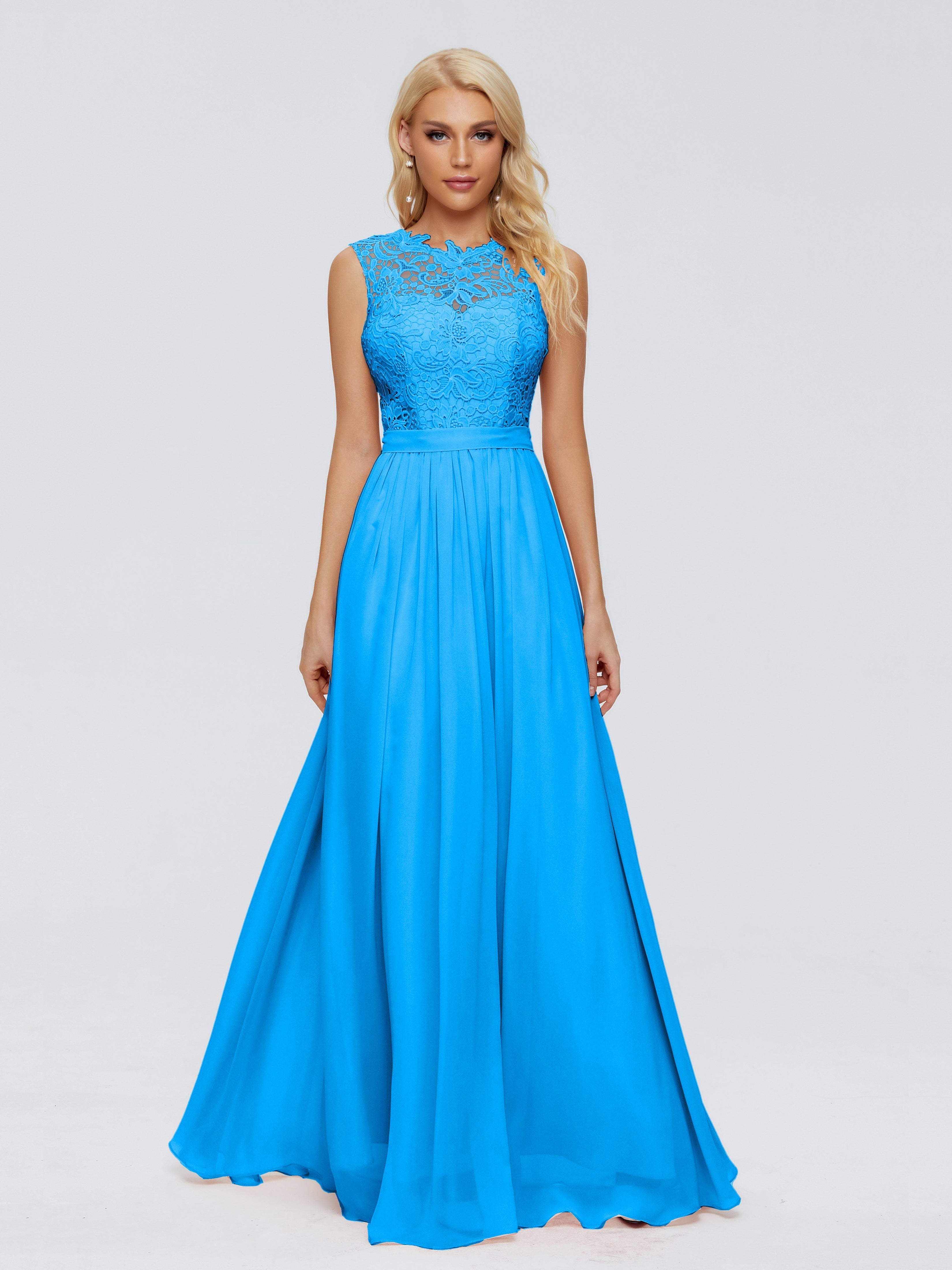 Robes De Demoiselle D'Honneur Bleu Océan Trapèze Bateau Mousseline Robes Demoiselle D'Honneur