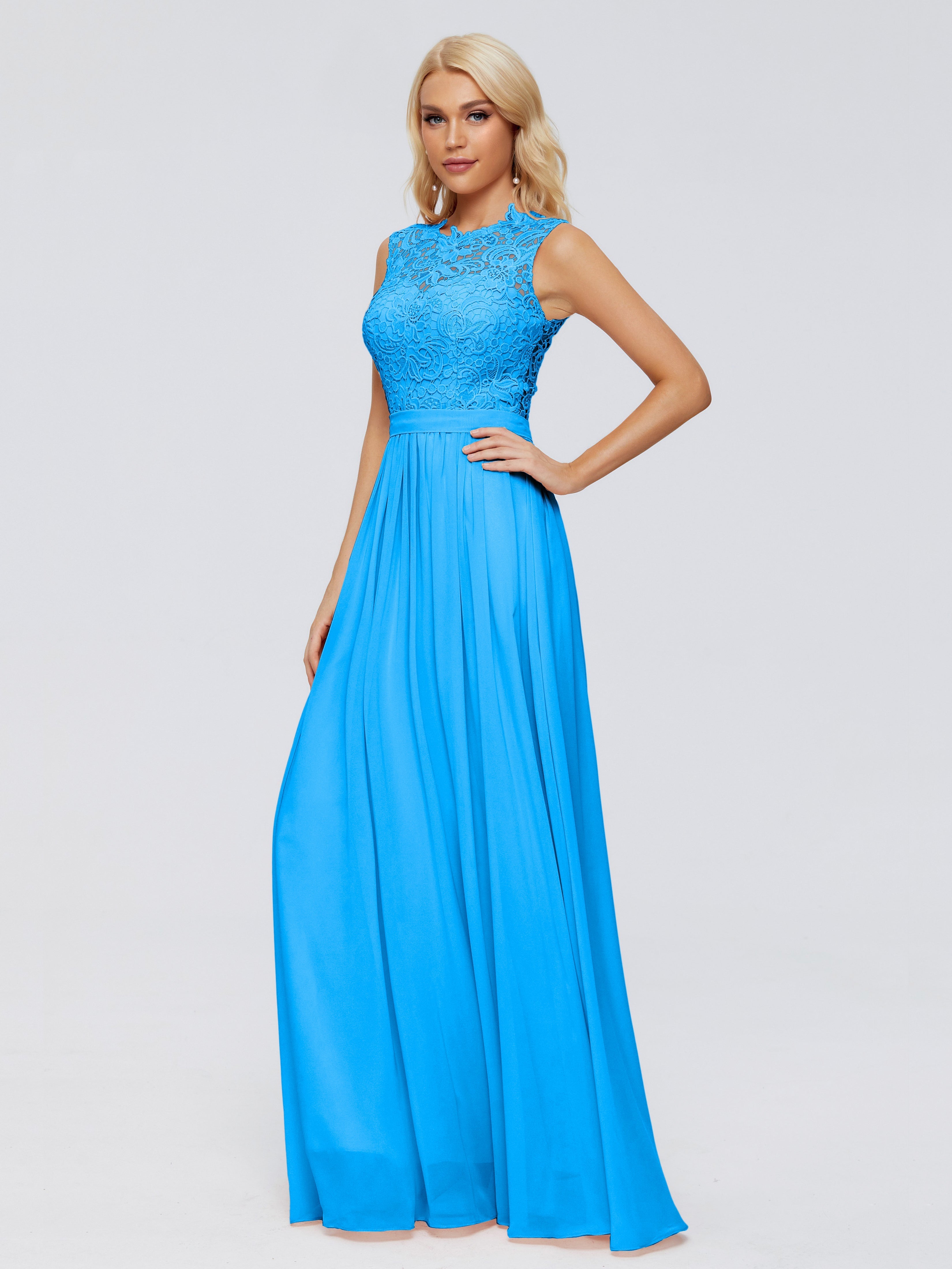 Robes De Demoiselle D'Honneur Bleu Océan Trapèze Bateau Mousseline Robes Demoiselle D'Honneur