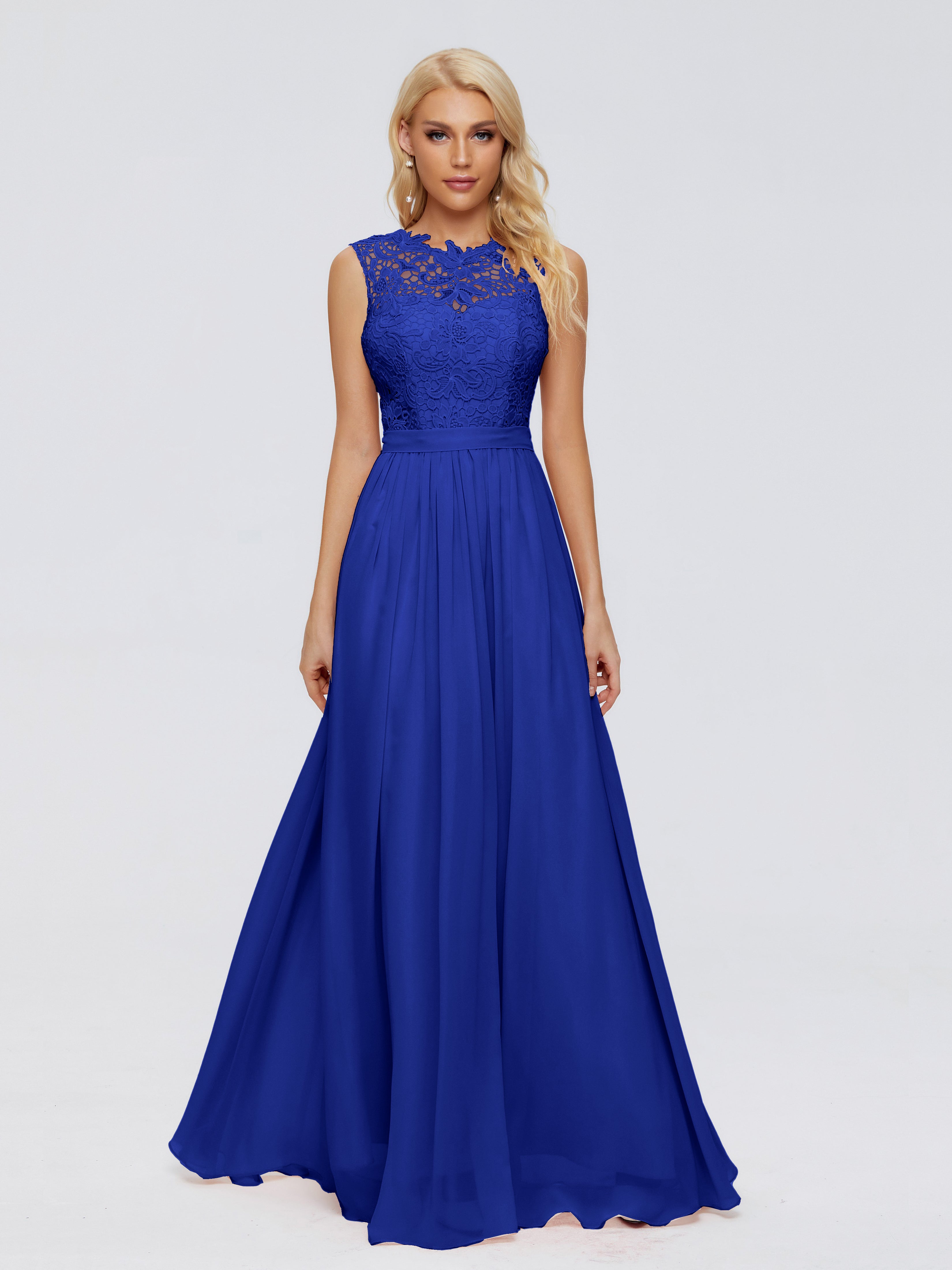 Demoiselle Dhonneur Robe Longue Bleu Roi Trapèze Bateau Mousseline Robes Demoiselle D'Honneur