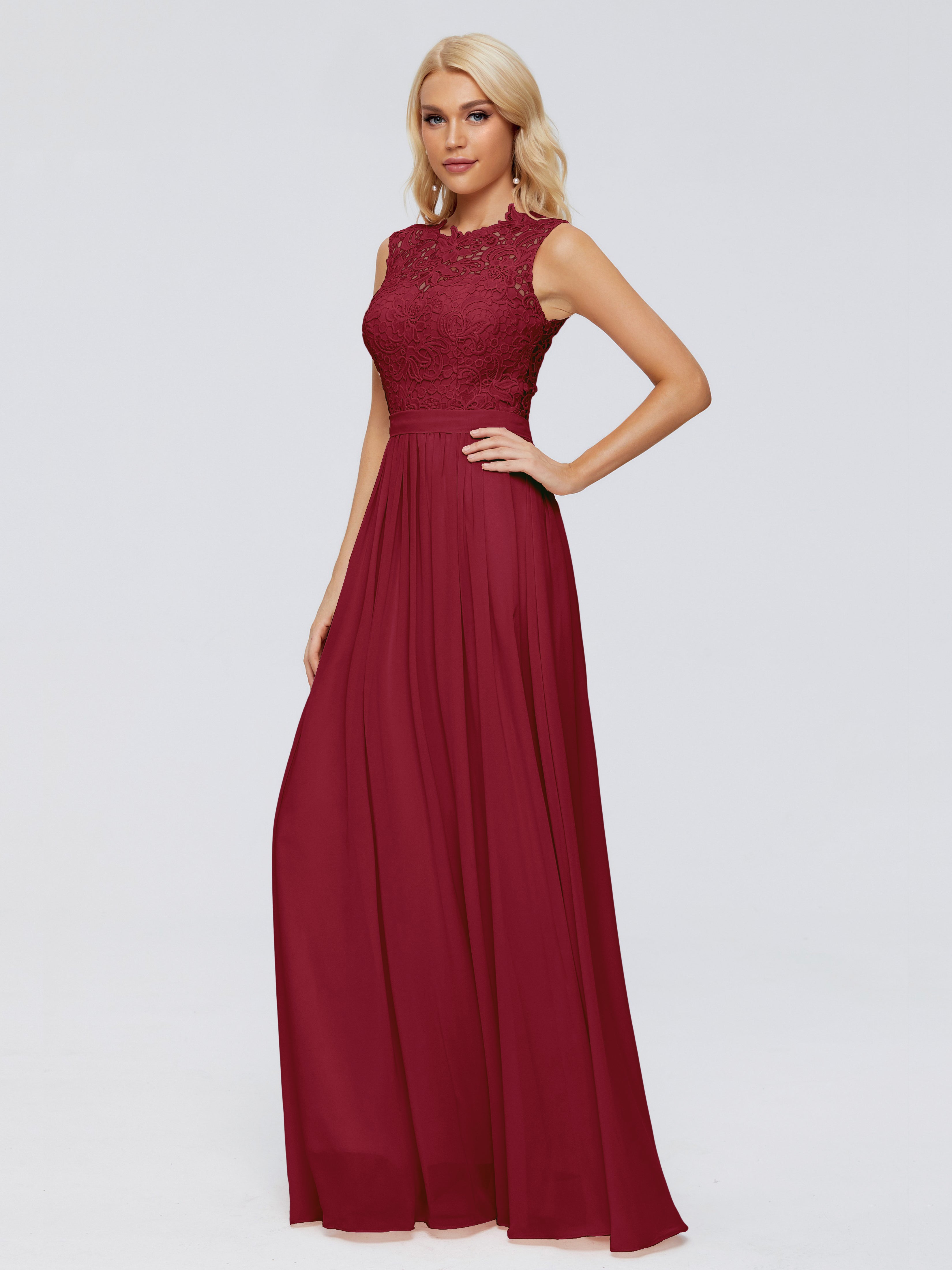 Robe Longue Bordeaux Demoiselle D Honneur Trapèze Bateau Mousseline Robes Demoiselle D'Honneur