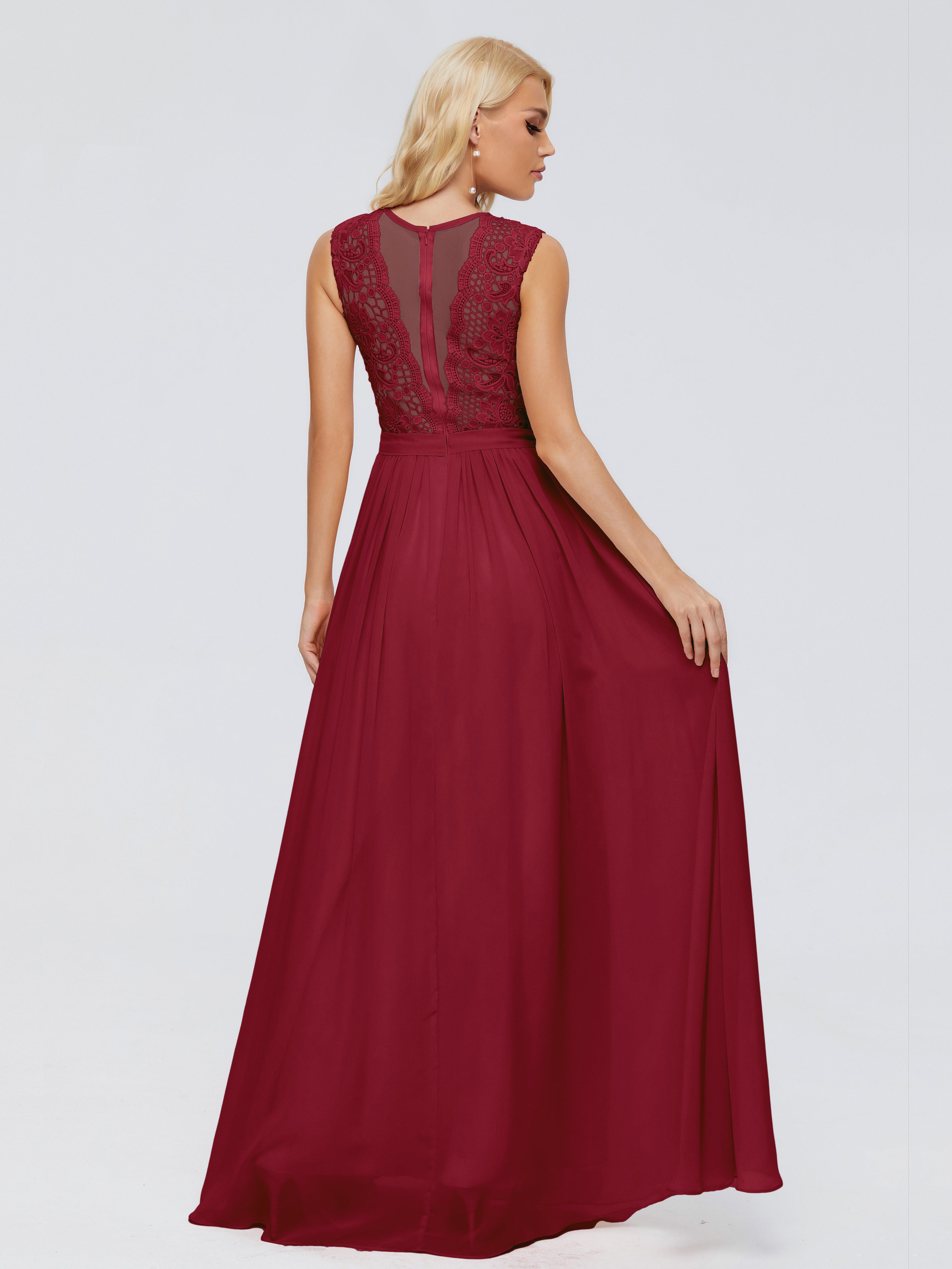 Robe Longue Bordeaux Demoiselle D Honneur Trapèze Bateau Mousseline Robes Demoiselle D'Honneur