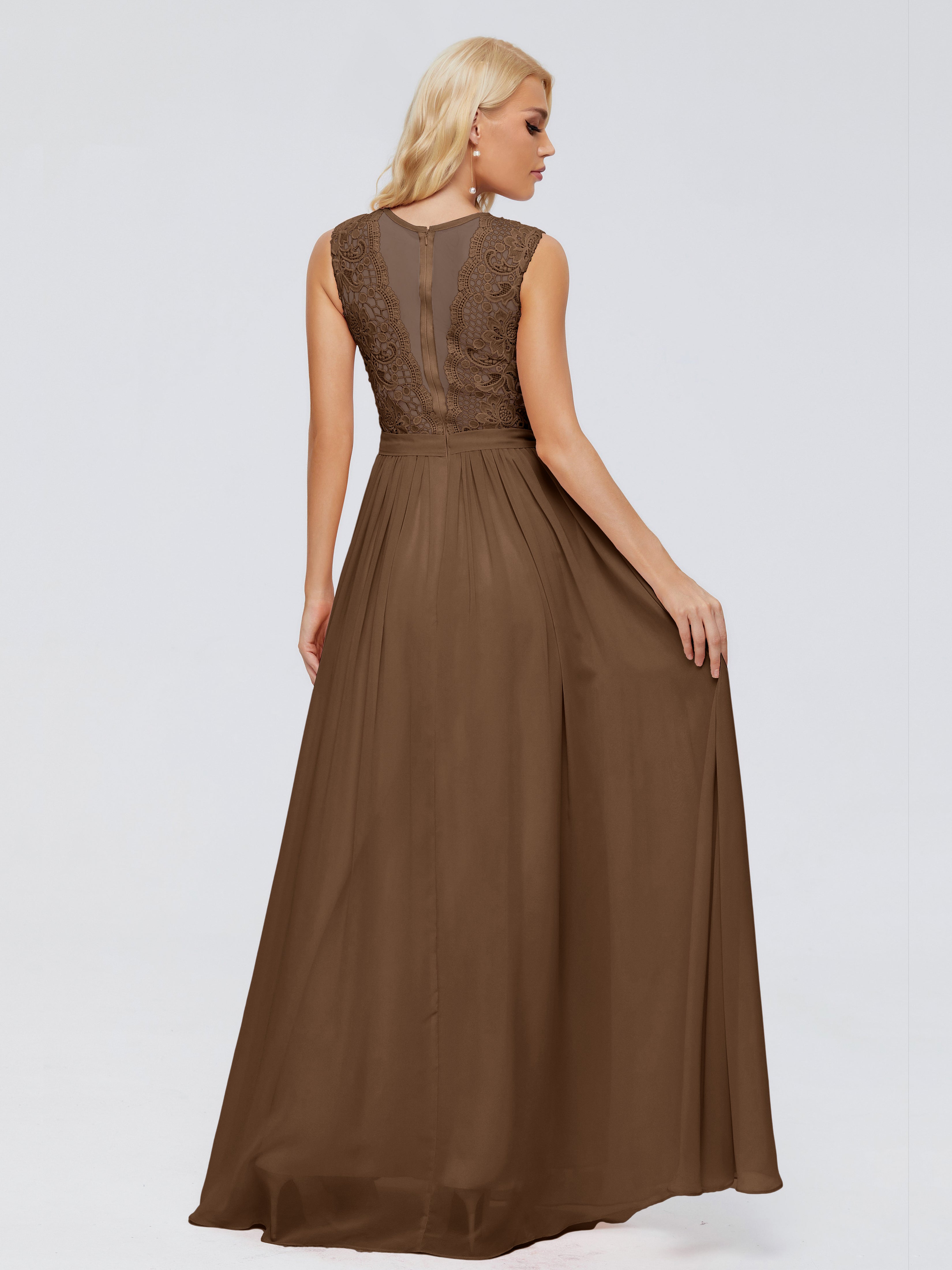 Robes De Demoiselle D'Honneur Brun Trapèze Bateau Mousseline Robes Demoiselle D'Honneur