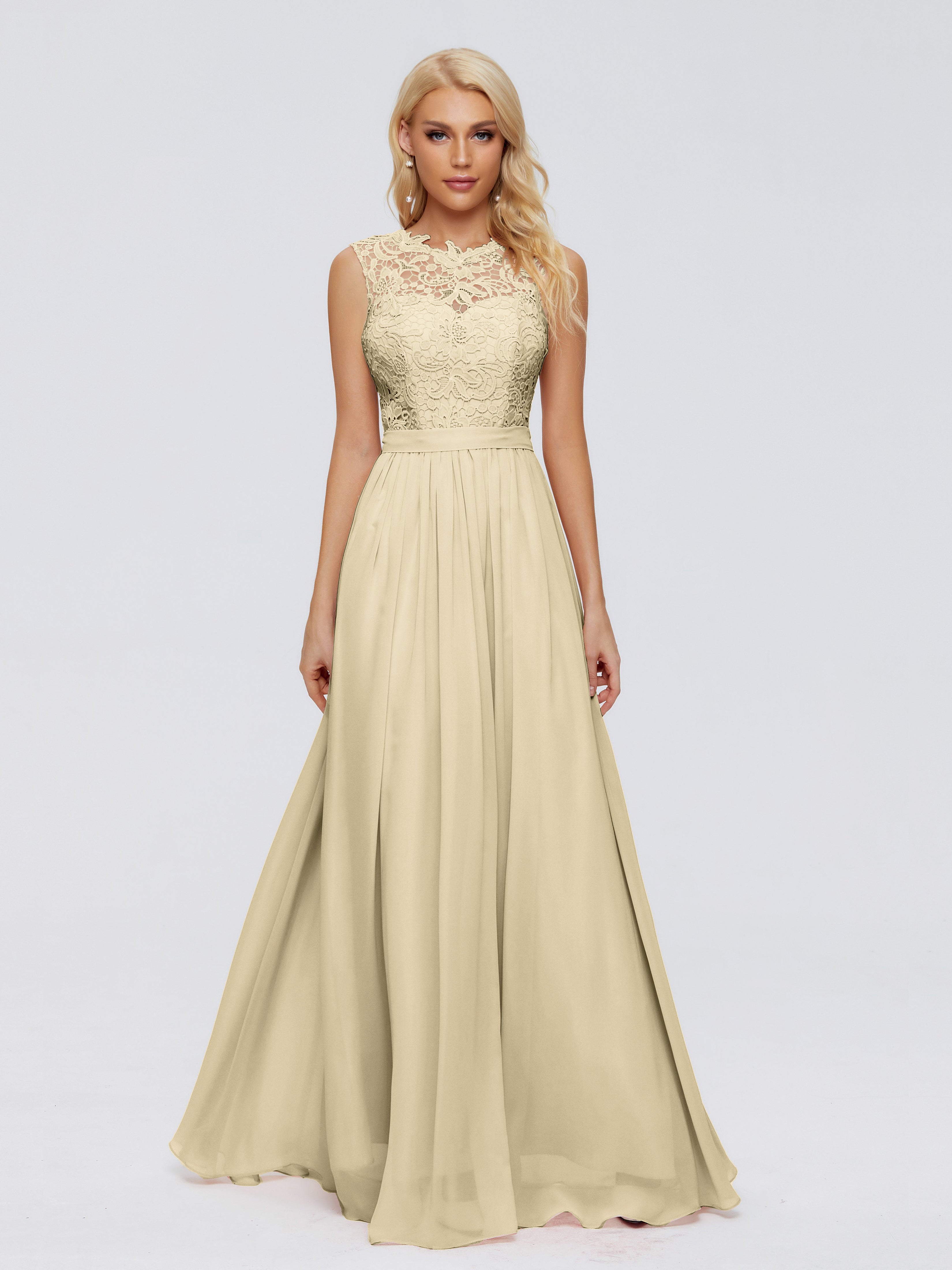 Long Robe Champagne Demoiselle D Honneur Trapèze Bateau Mousseline Robes Demoiselle D'Honneur