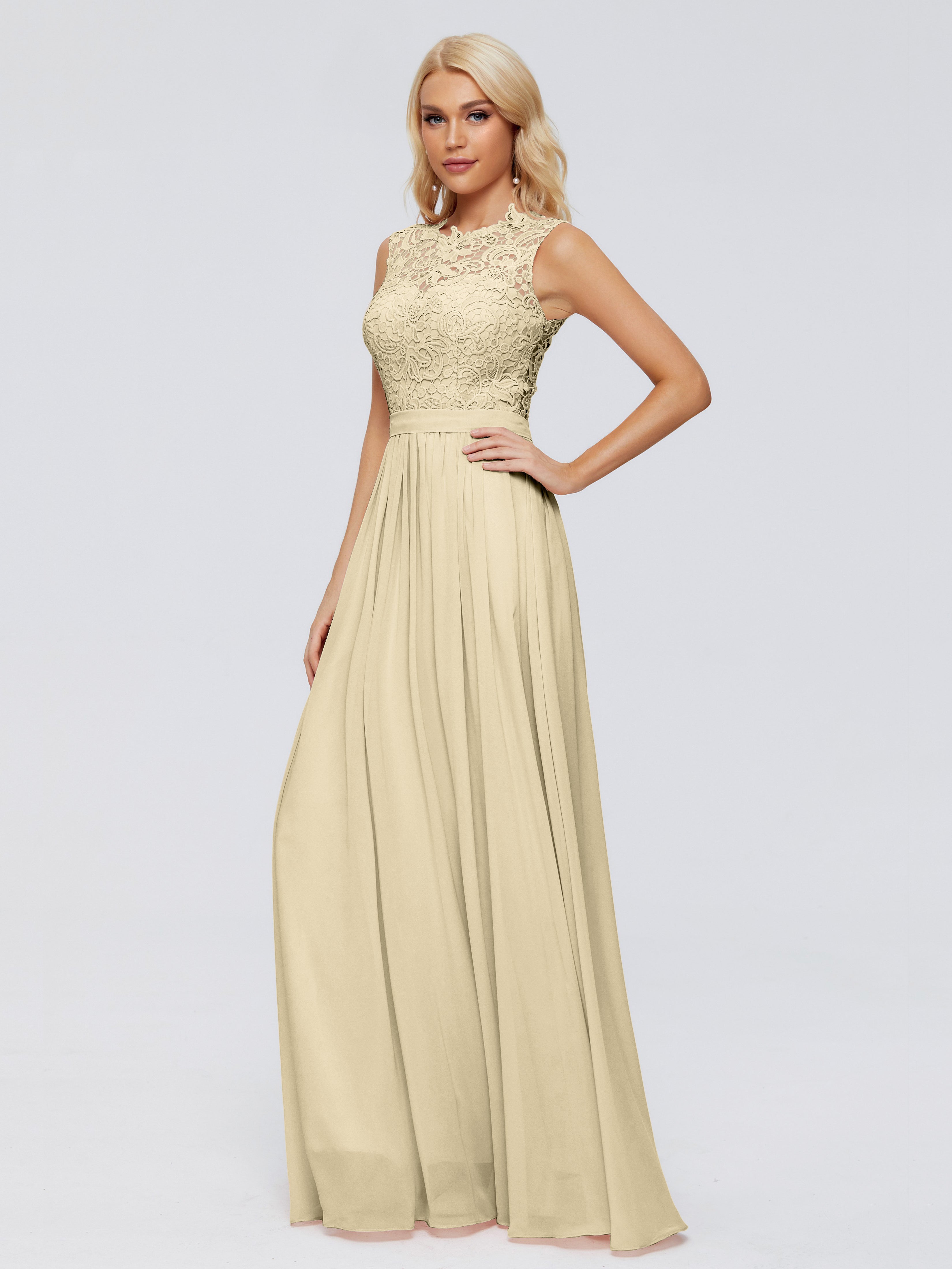 Long Robe Champagne Demoiselle D Honneur Trapèze Bateau Mousseline Robes Demoiselle D'Honneur