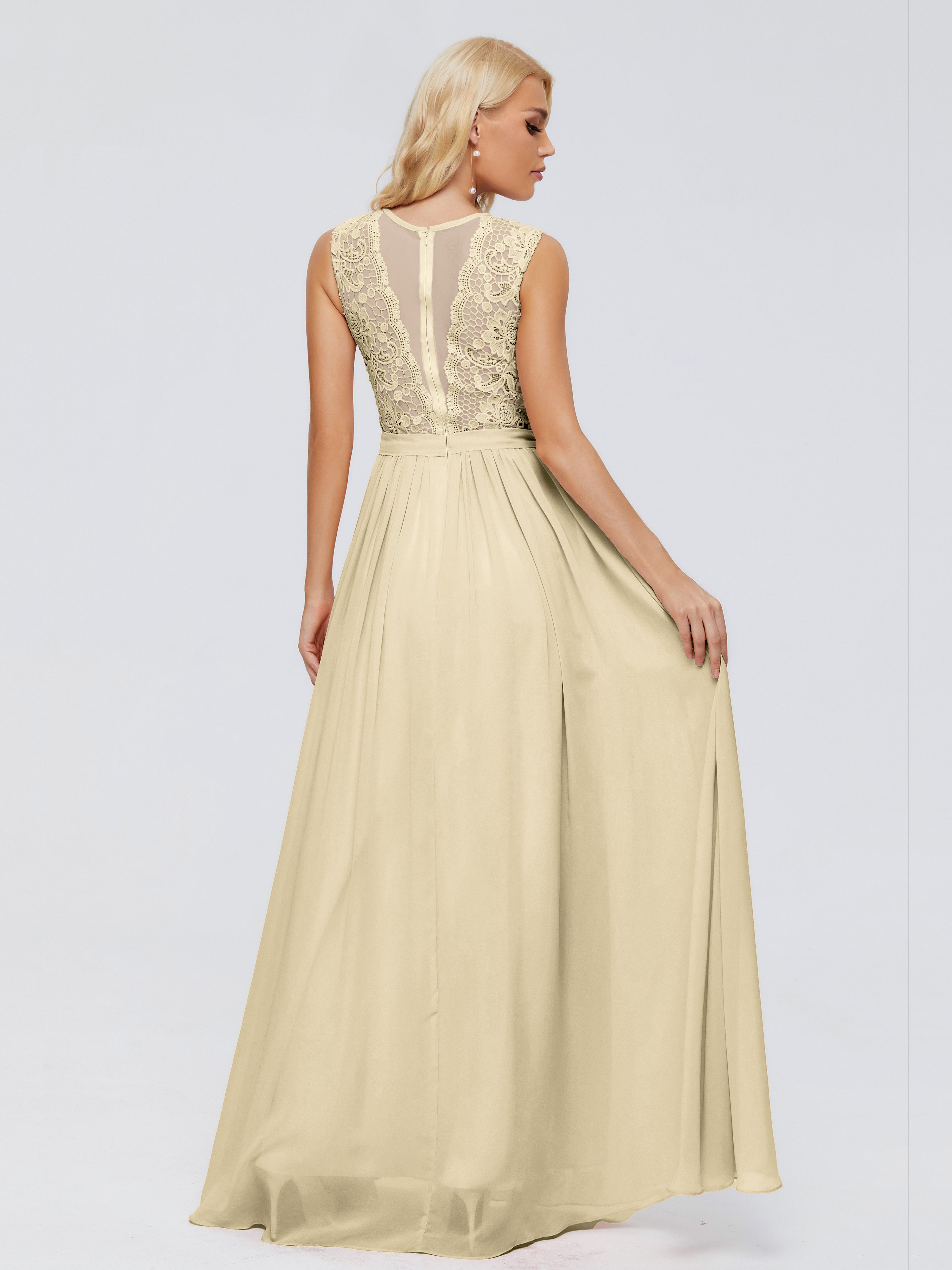 Long Robe Champagne Demoiselle D Honneur Trapèze Bateau Mousseline Robes Demoiselle D'Honneur