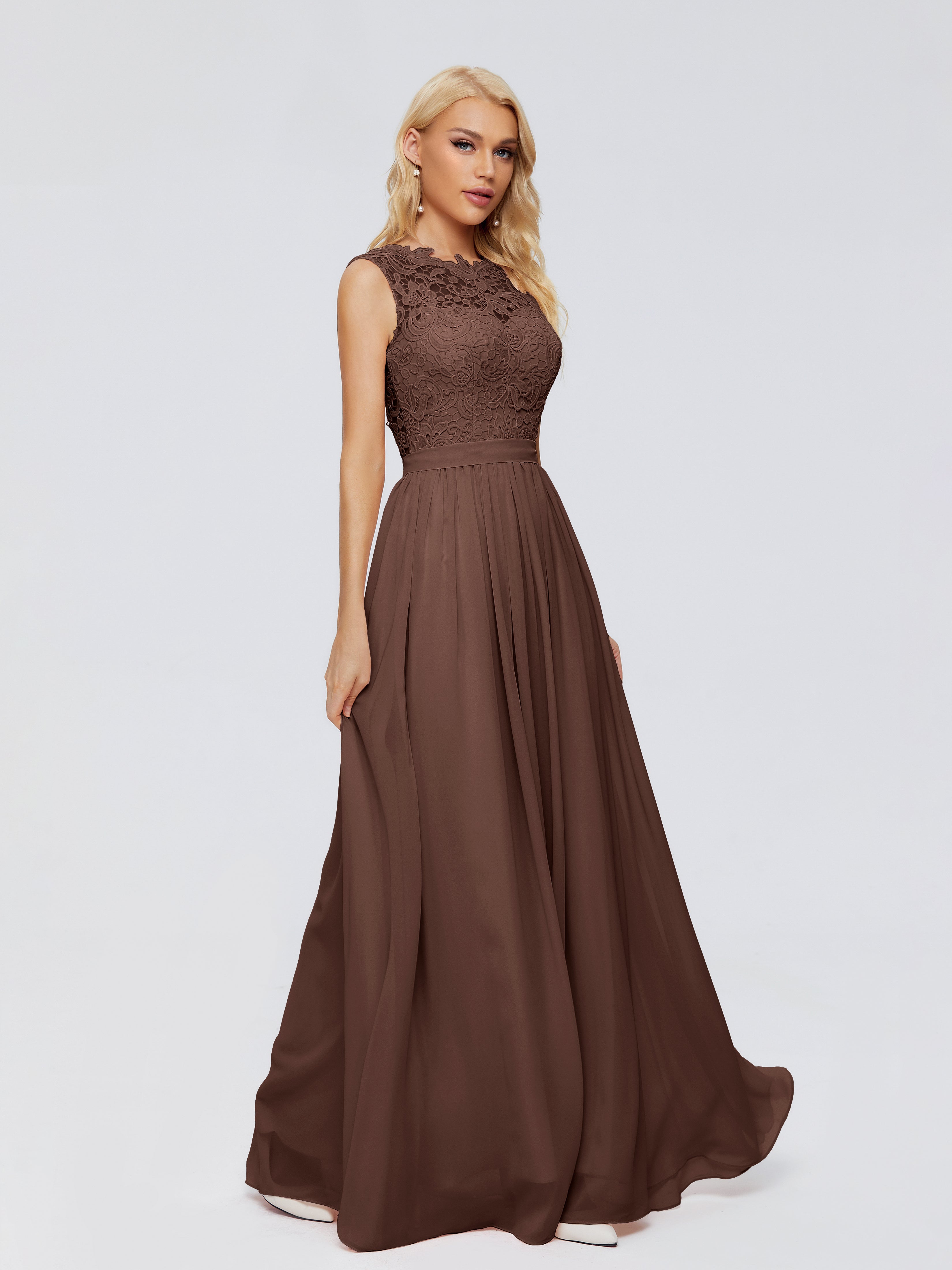 Robe Marron Chocolat Demoiselle D Honneur Trapèze Bateau Mousseline Robes Demoiselle D'Honneur